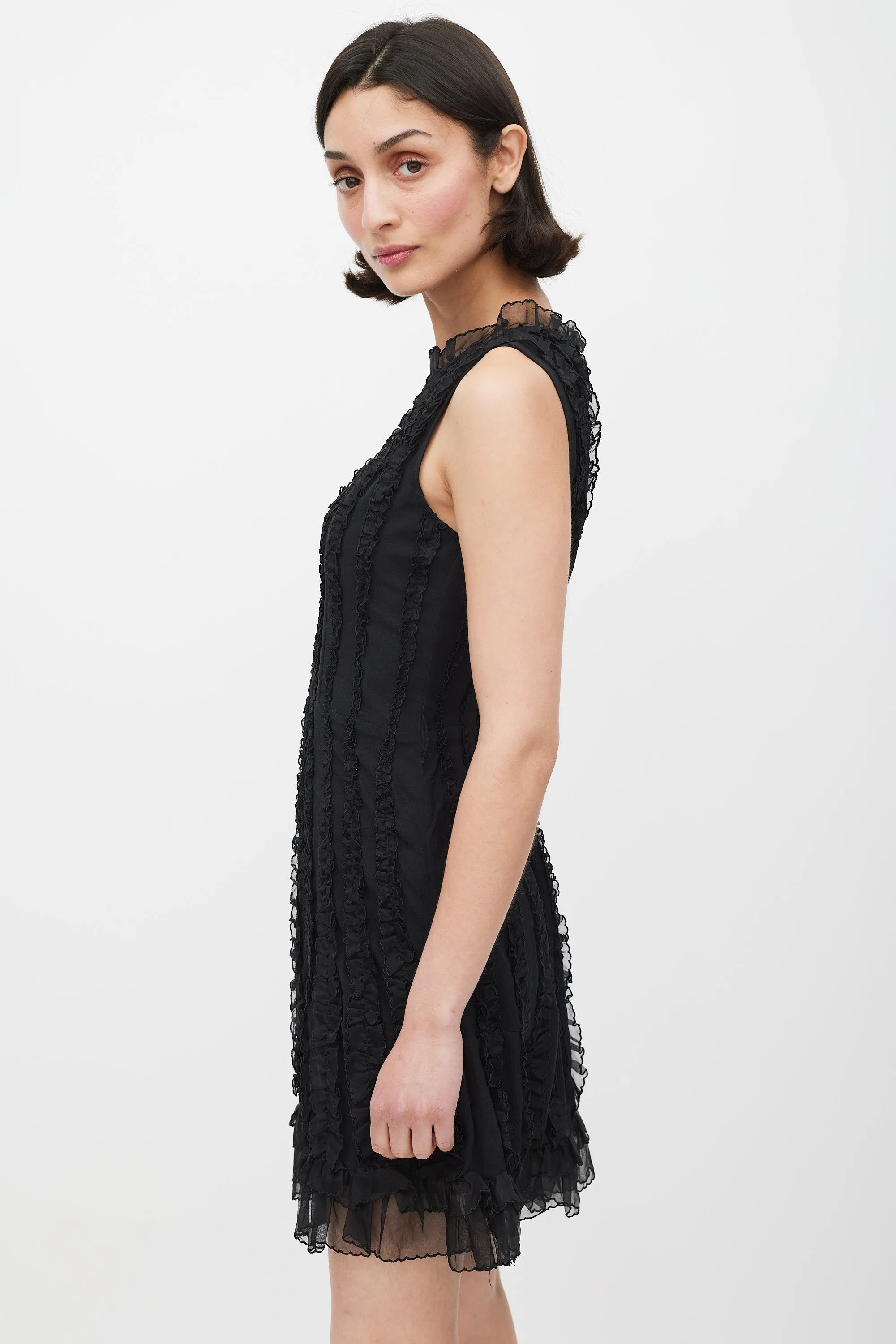 Black Silk Ruffle Panelled A-Line Dress