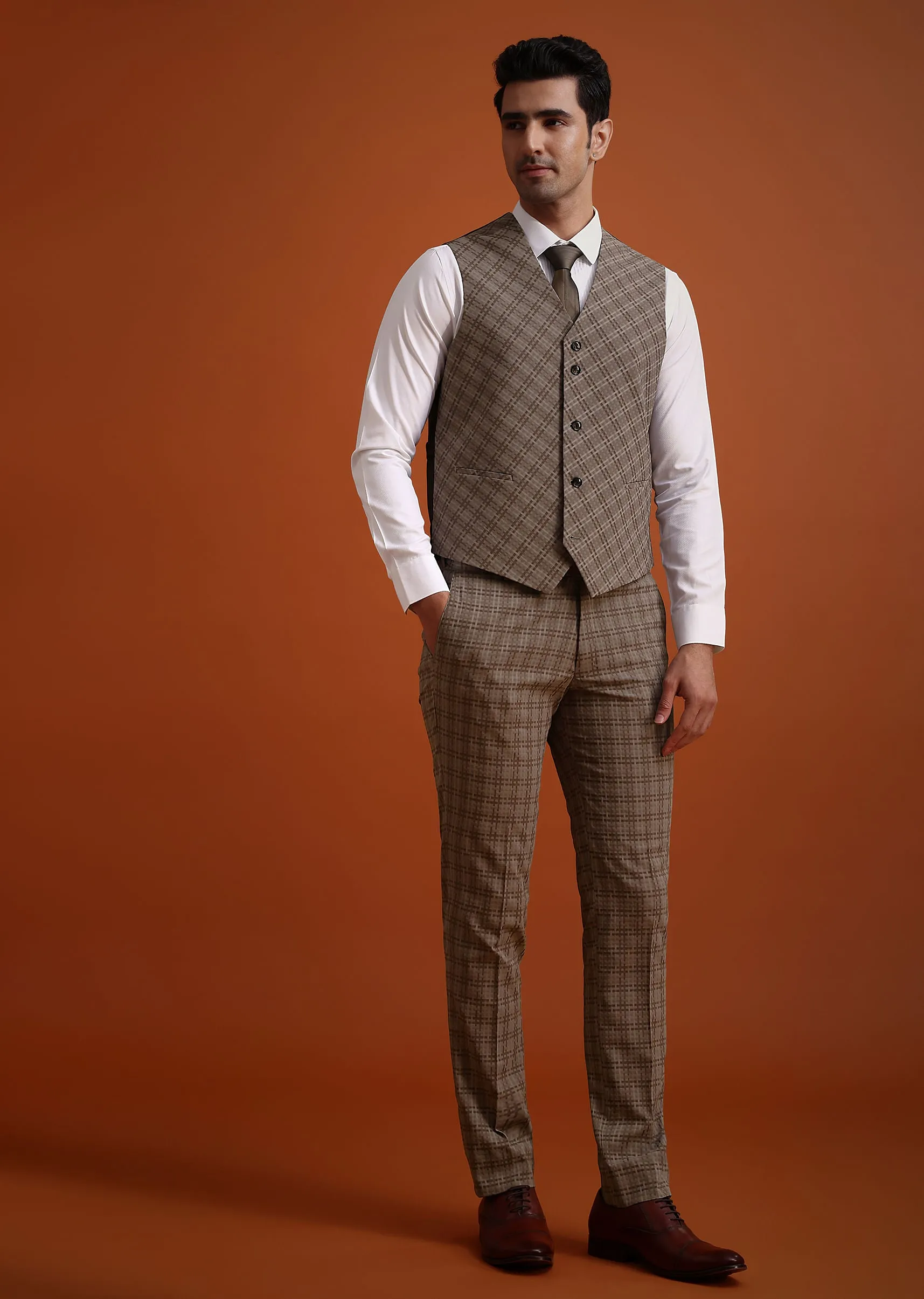 Brown Checkered Tuxedo And Pant Set