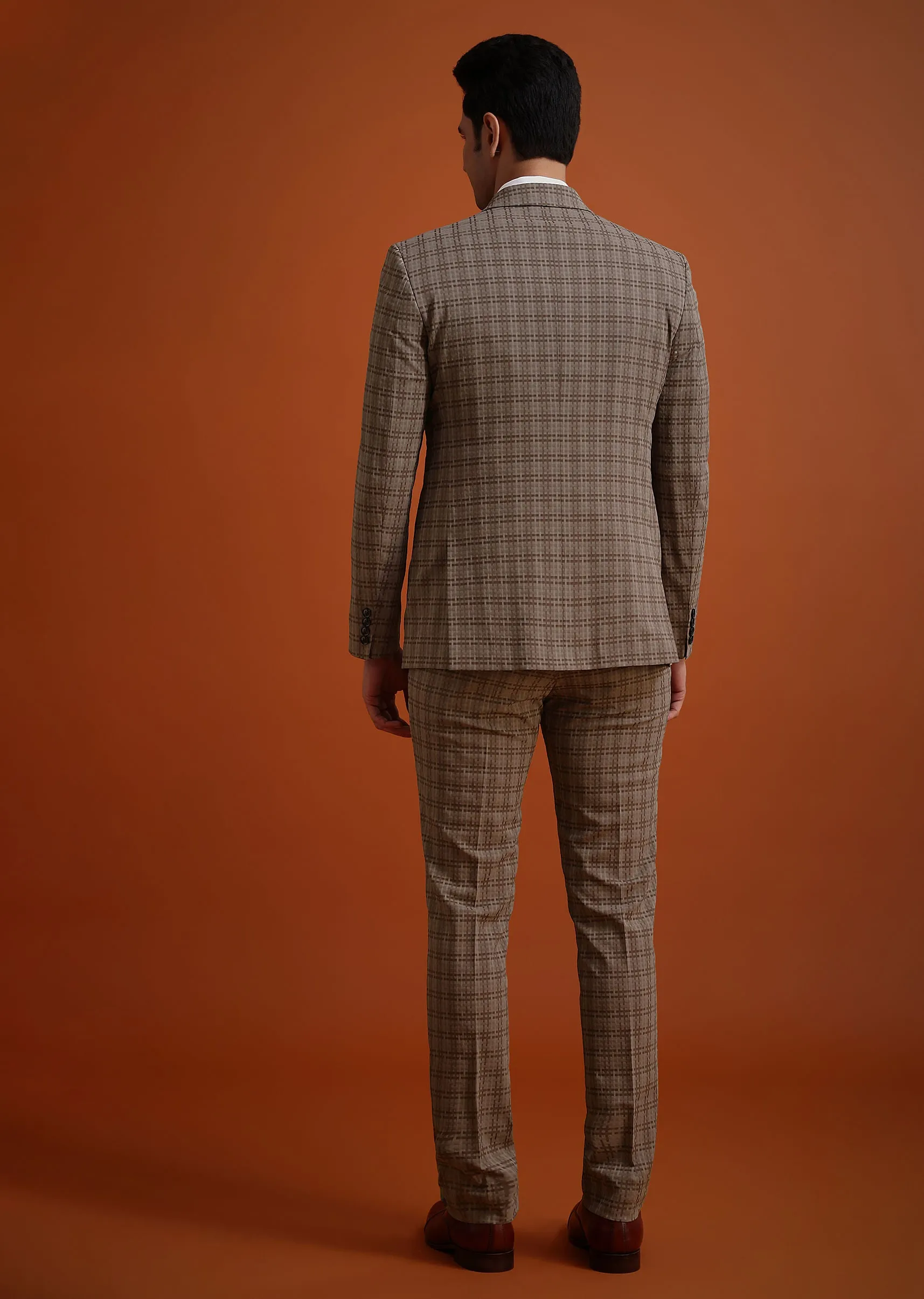 Brown Checkered Tuxedo And Pant Set