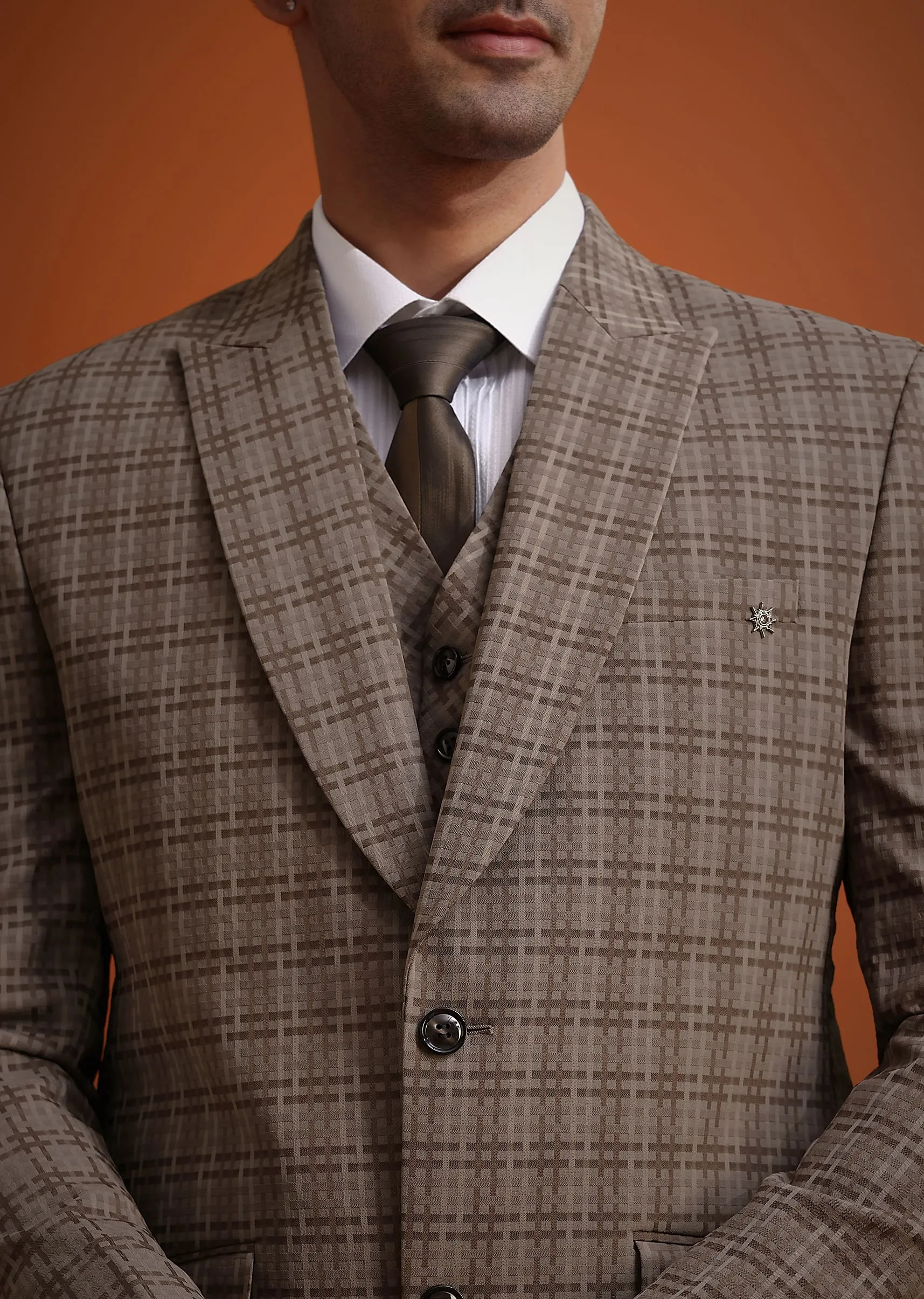 Brown Checkered Tuxedo And Pant Set