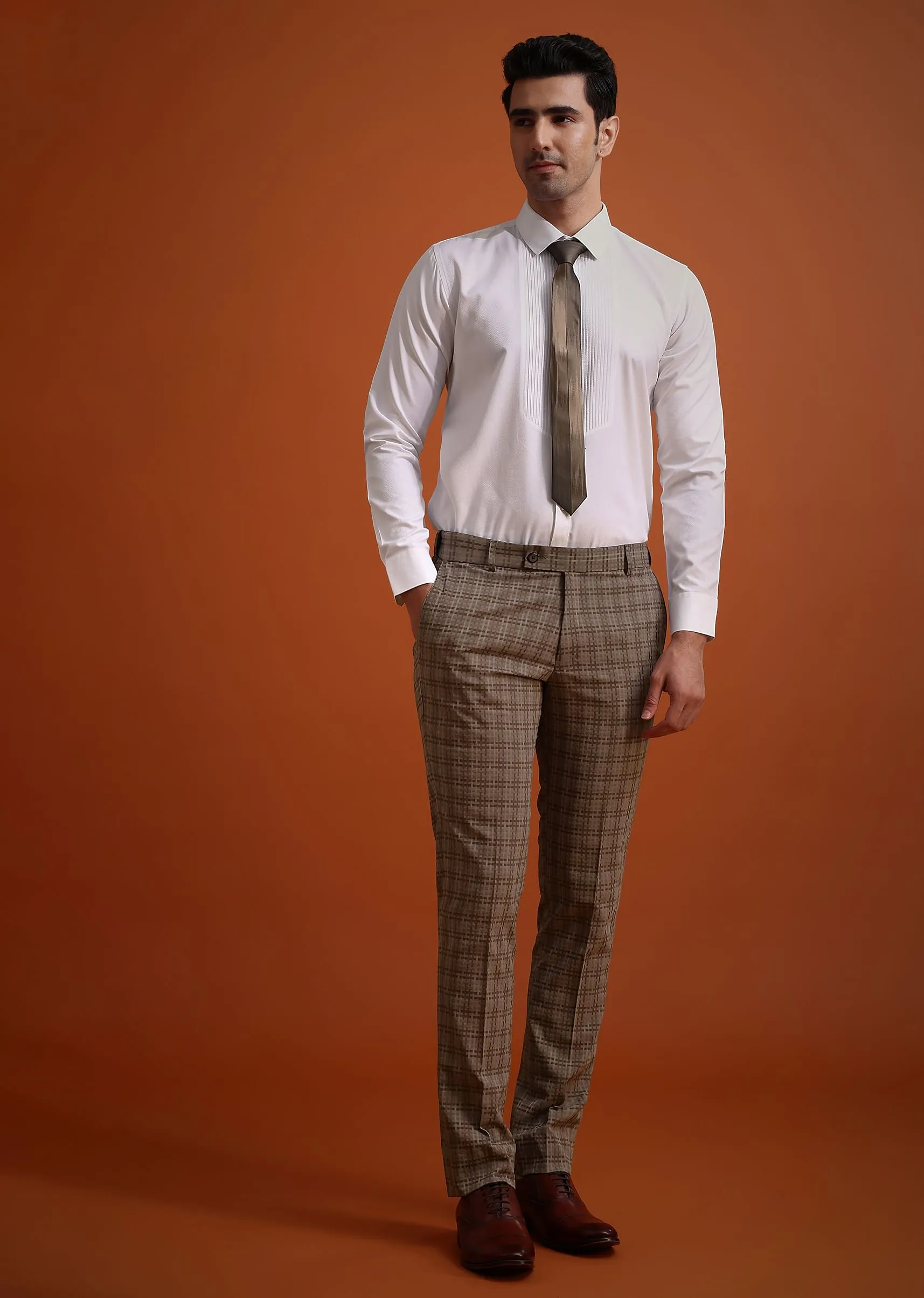 Brown Checkered Tuxedo And Pant Set