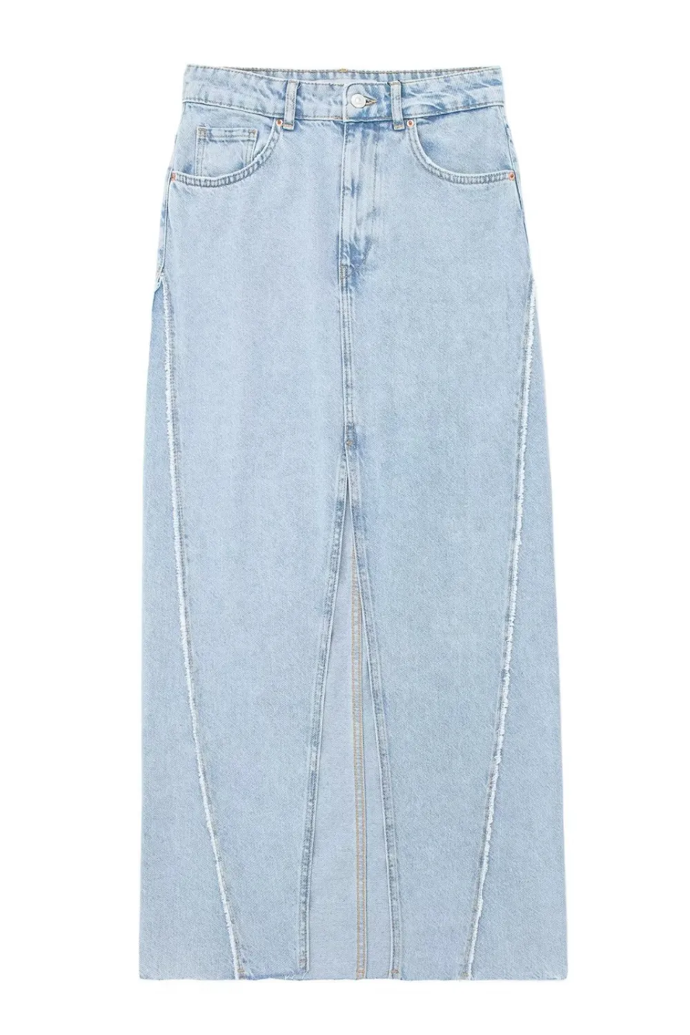 'Claire' High Waist Frayed Denim Midi Skirt