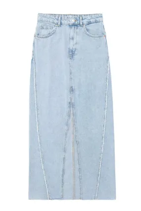 'Claire' High Waist Frayed Denim Midi Skirt