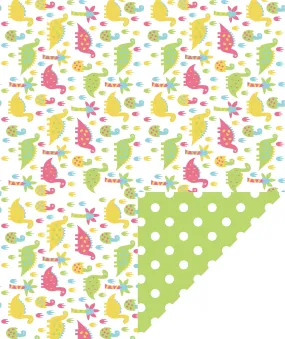 Cute Baby Dino Wrapping Paper with Green Polka Dot on Reverse