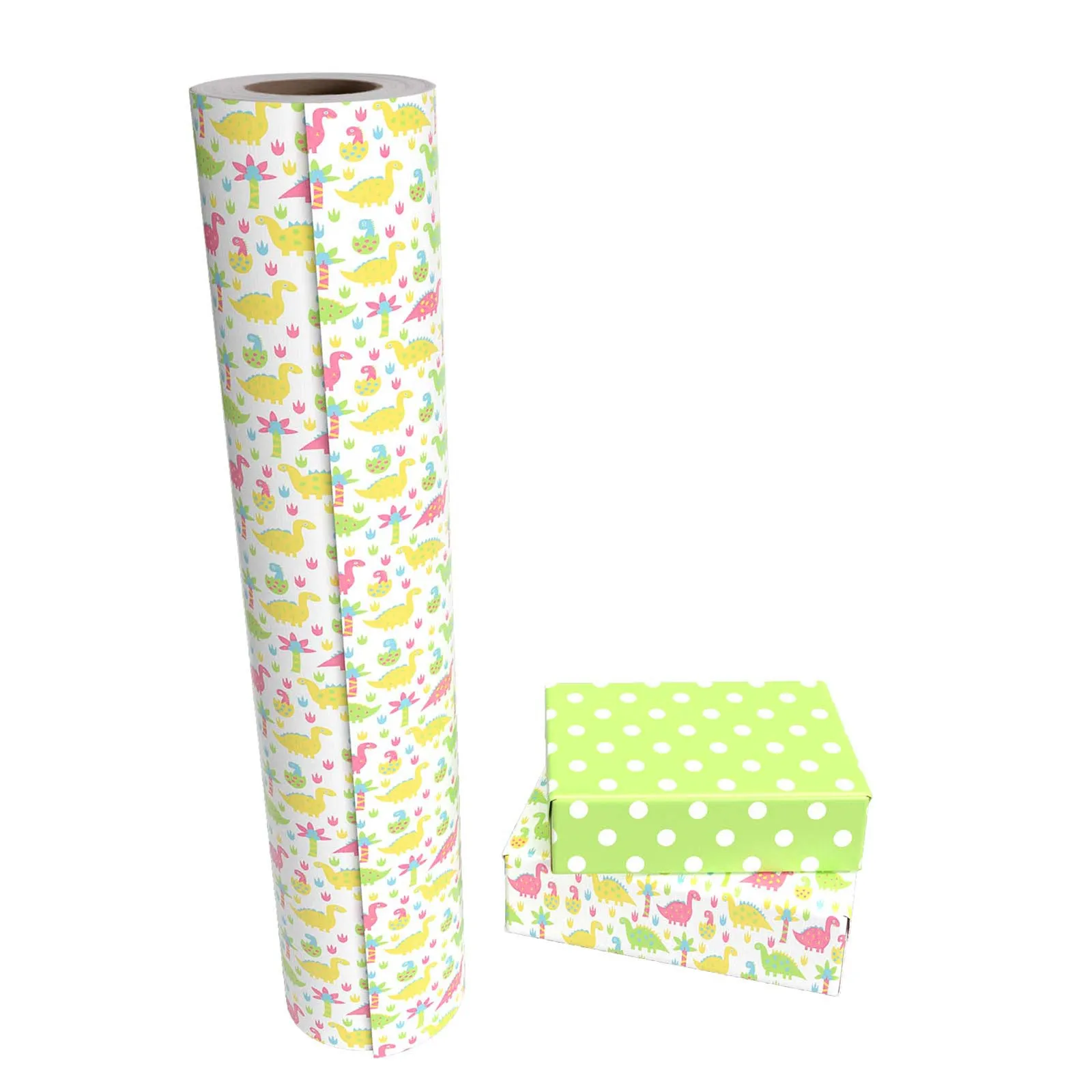 Cute Baby Dino Wrapping Paper with Green Polka Dot on Reverse