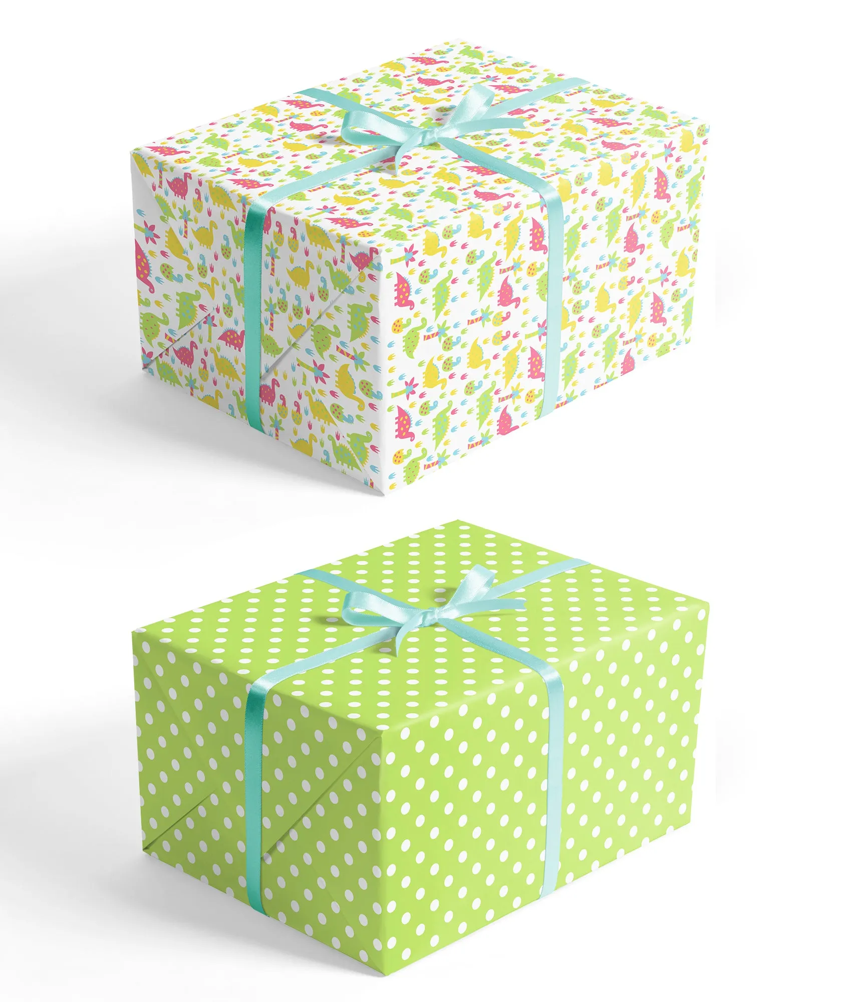 Cute Baby Dino Wrapping Paper with Green Polka Dot on Reverse