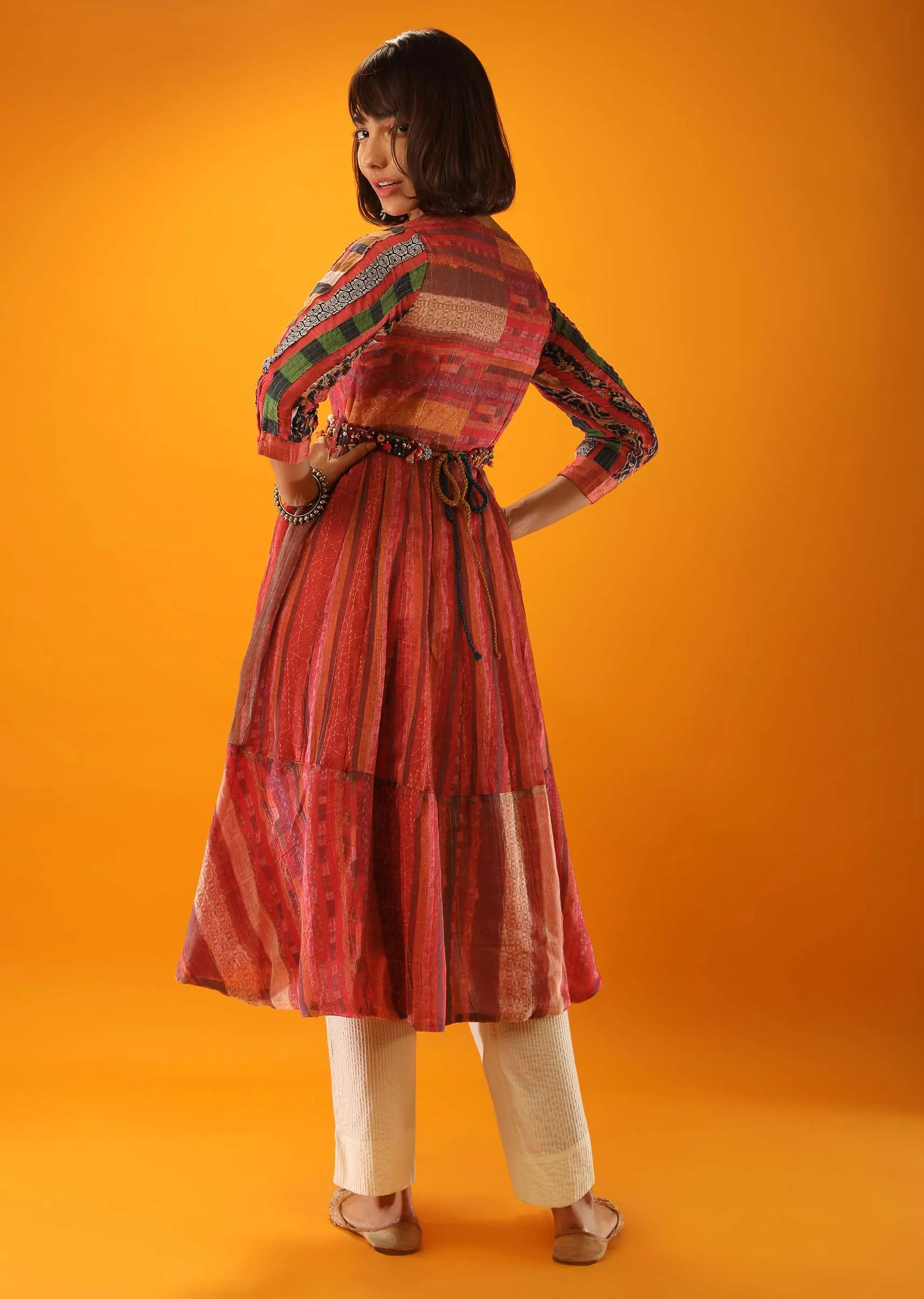 Earthy Red A Line Kurta With Abstract Print And Appliqued Stripes In Multi Colored Printed Fabric