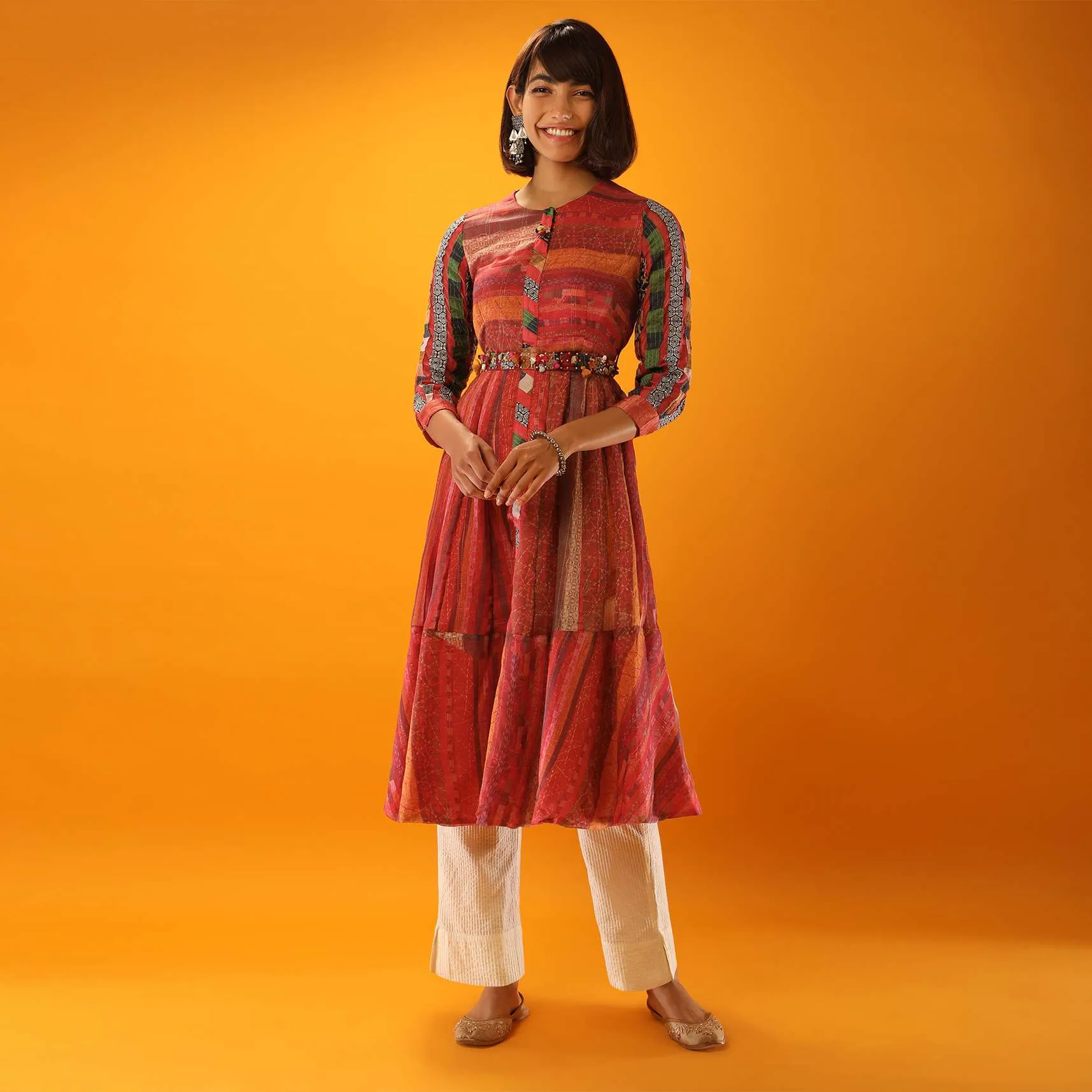 Earthy Red A Line Kurta With Abstract Print And Appliqued Stripes In Multi Colored Printed Fabric