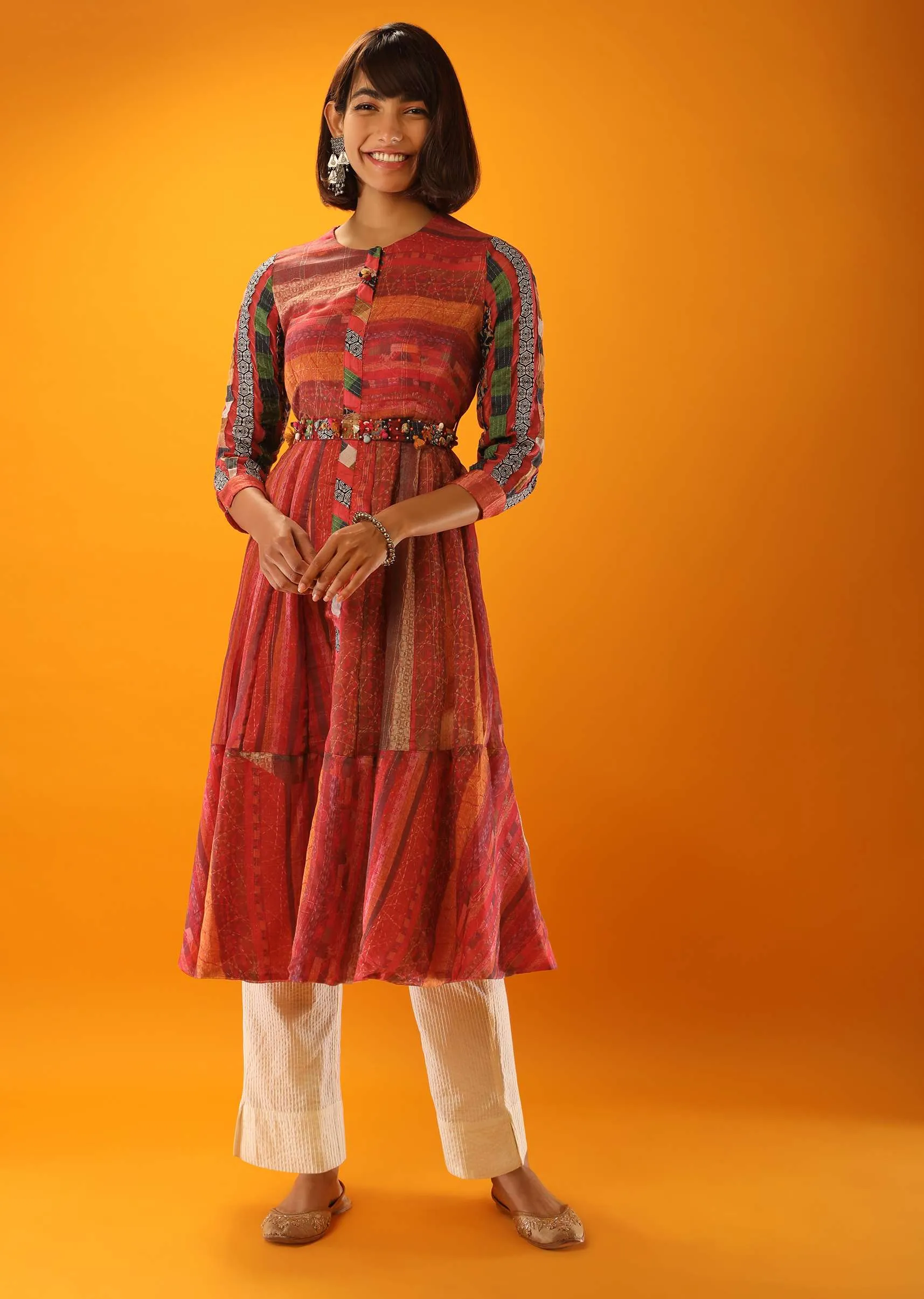 Earthy Red A Line Kurta With Abstract Print And Appliqued Stripes In Multi Colored Printed Fabric