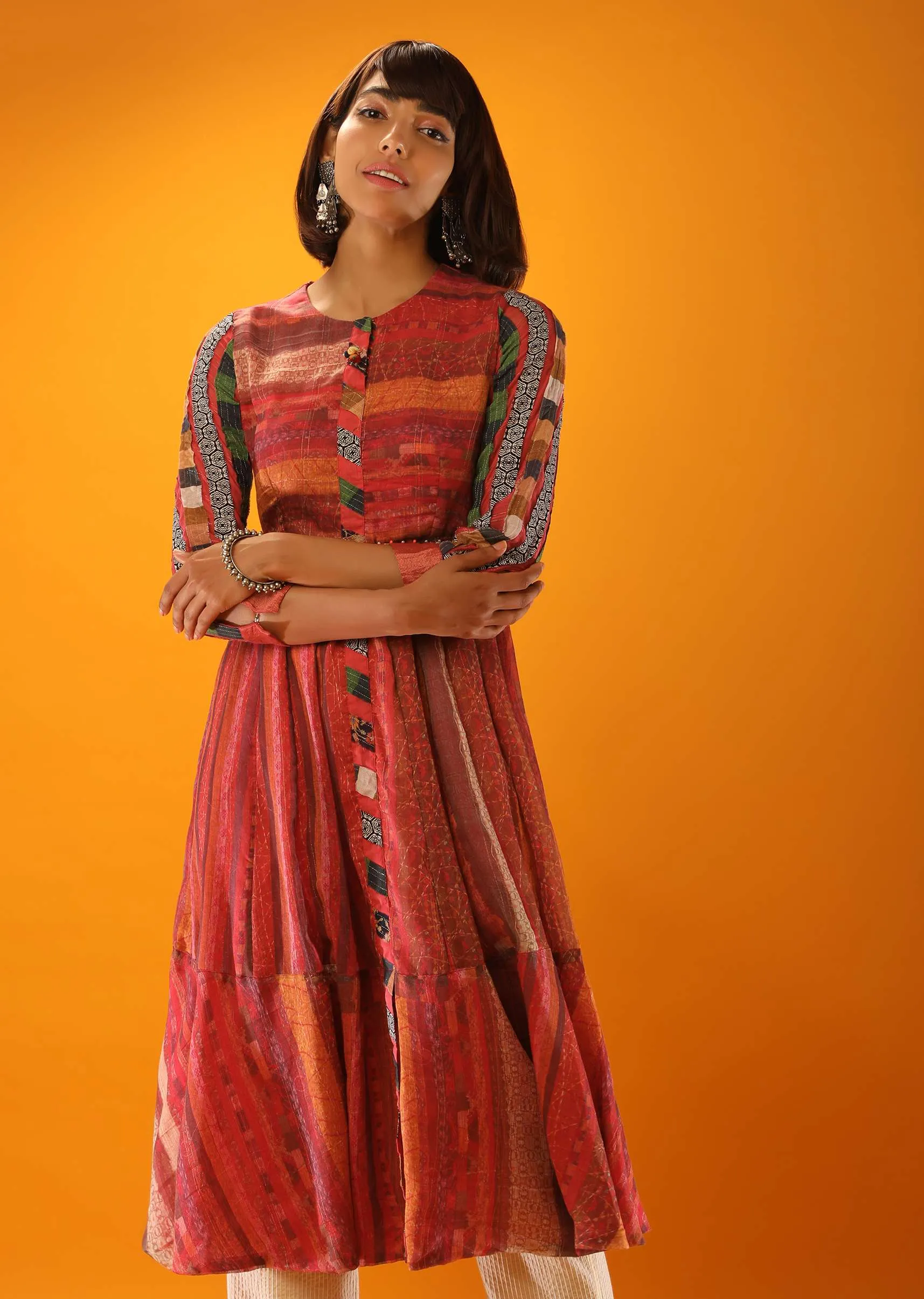 Earthy Red A Line Kurta With Abstract Print And Appliqued Stripes In Multi Colored Printed Fabric