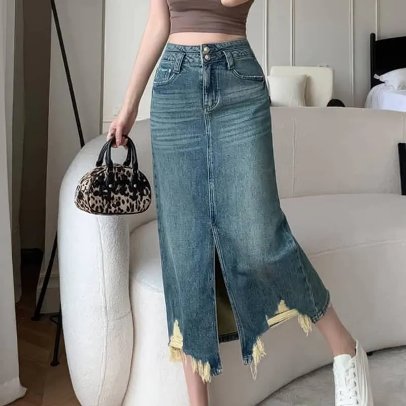 High waist slit denim skirt
