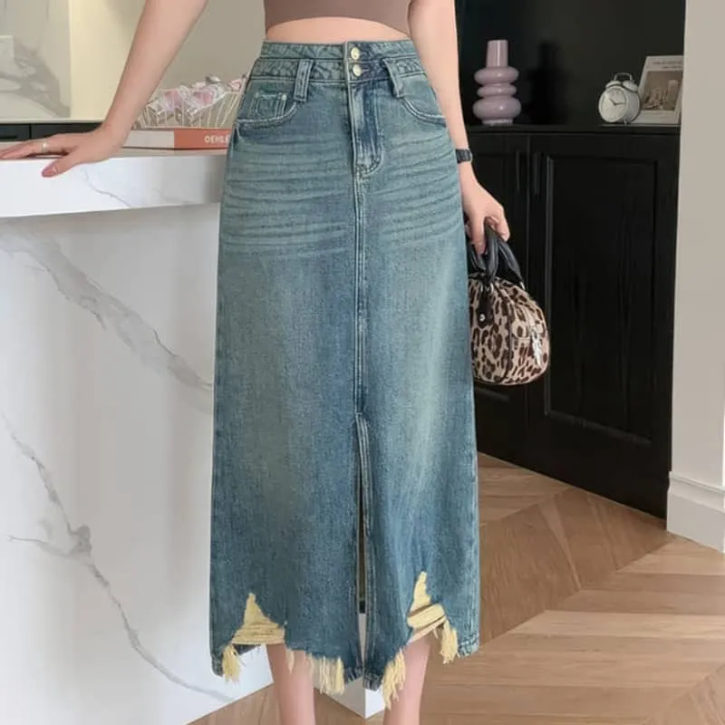 High waist slit denim skirt