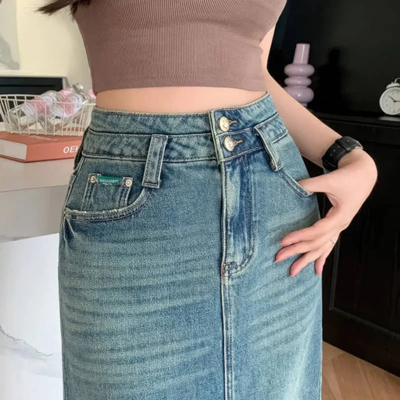 High waist slit denim skirt