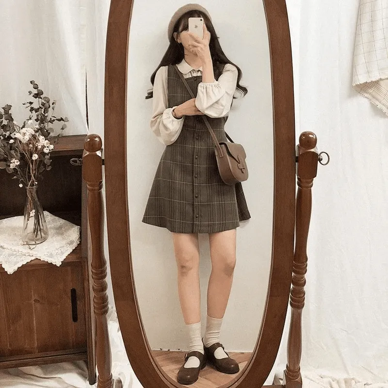 Kawaii Sweet Plaid Pinafore Dress