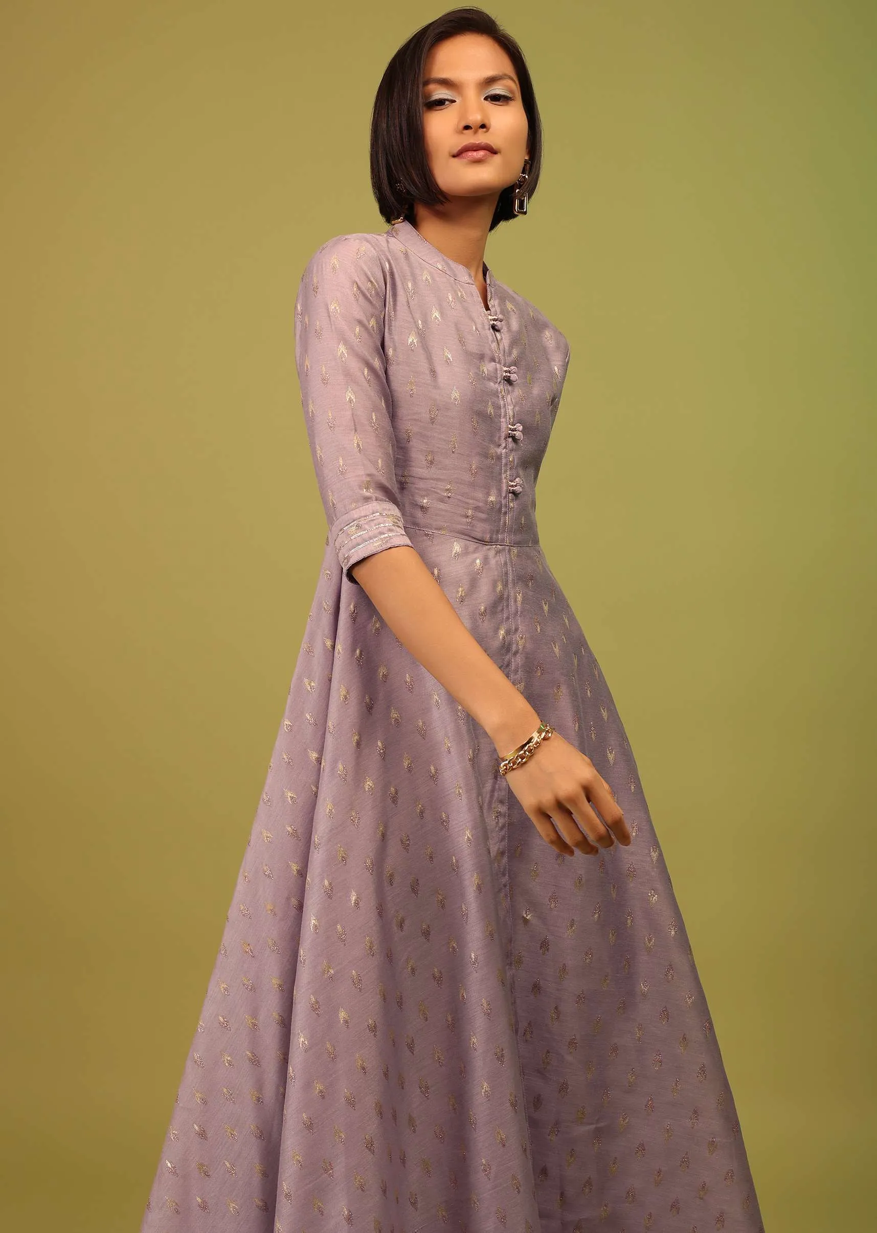 lavender Purple Festive A-Line Kurta In Chanderi Silk With Foil Print Embellishment Online - RE By Kalki