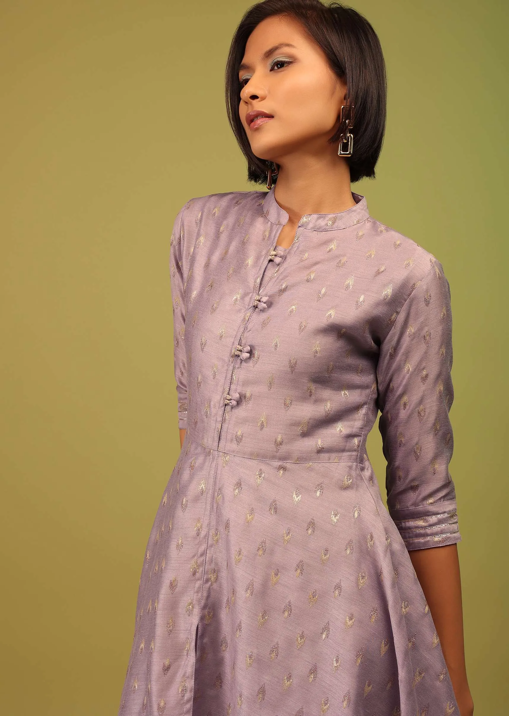 lavender Purple Festive A-Line Kurta In Chanderi Silk With Foil Print Embellishment Online - RE By Kalki