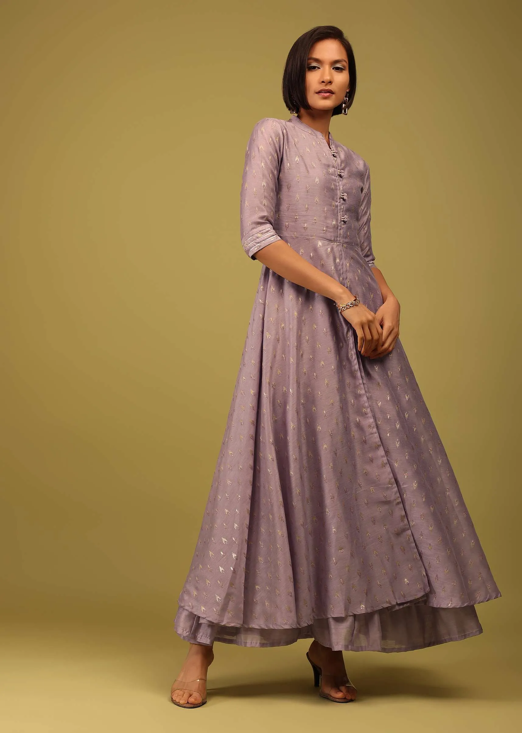 lavender Purple Festive A-Line Kurta In Chanderi Silk With Foil Print Embellishment Online - RE By Kalki