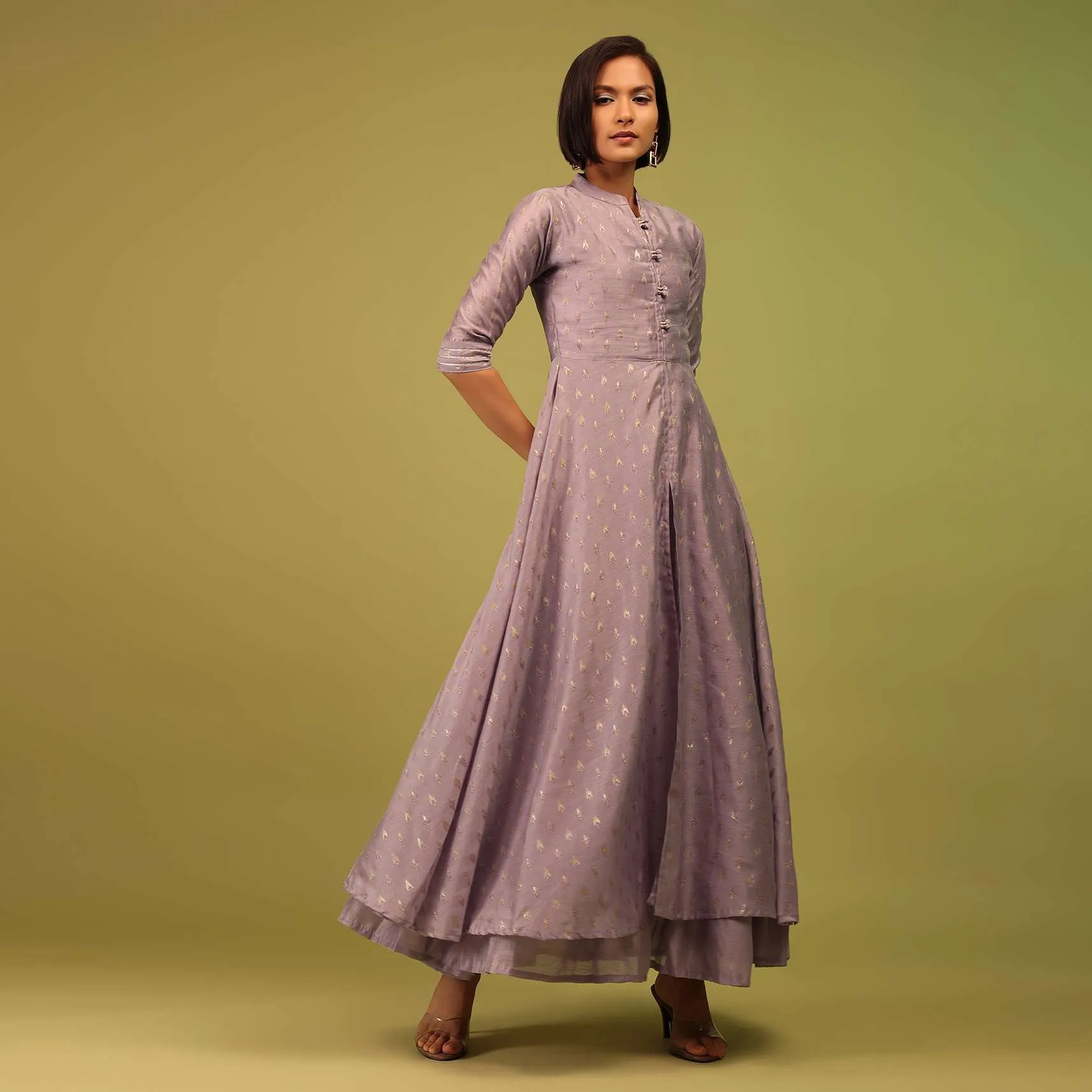 lavender Purple Festive A-Line Kurta In Chanderi Silk With Foil Print Embellishment Online - RE By Kalki