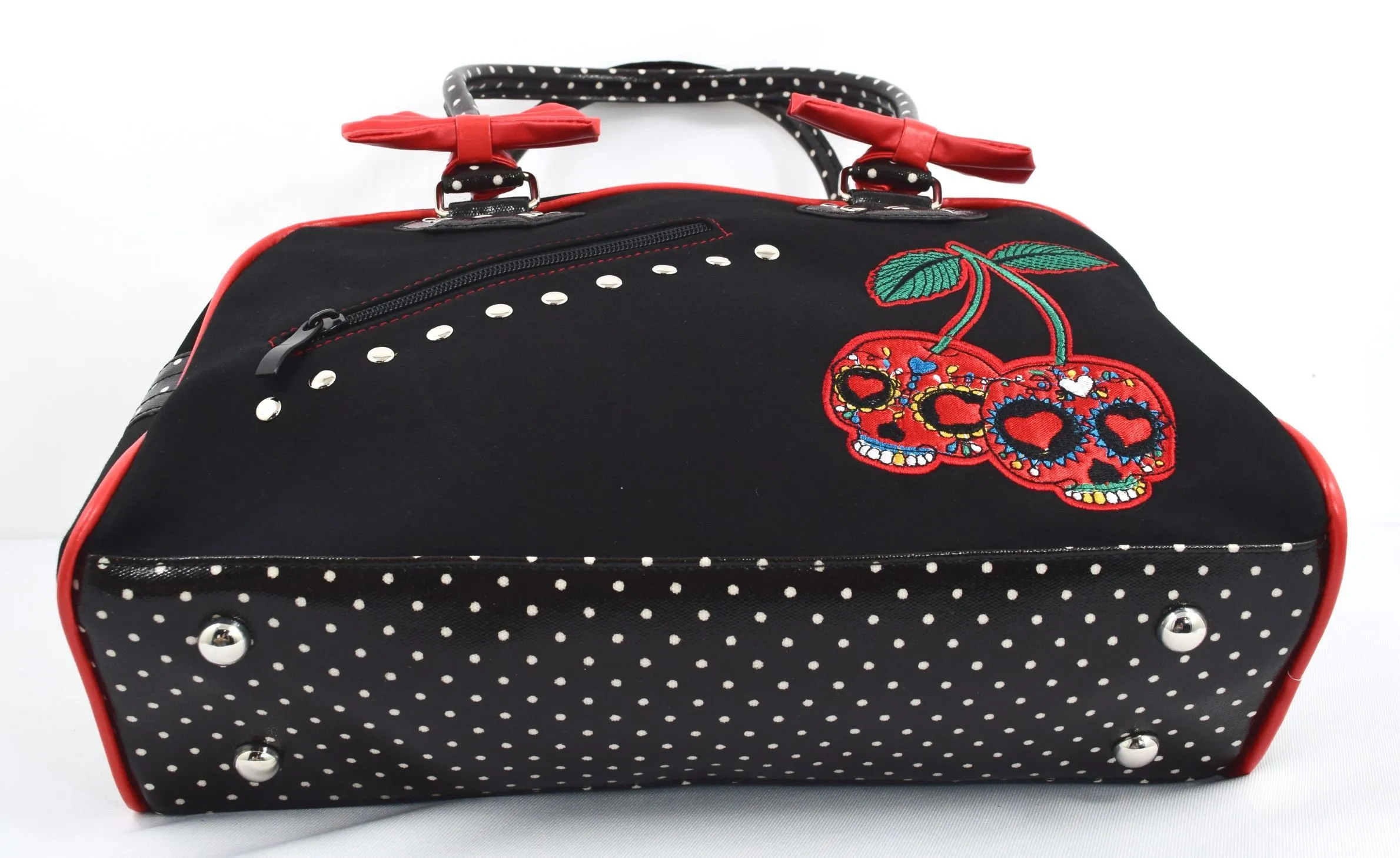 Lost Queen Cherry Bomb Cherry Skulls Polka Dot Bow Handbag Rockabilly Black Red