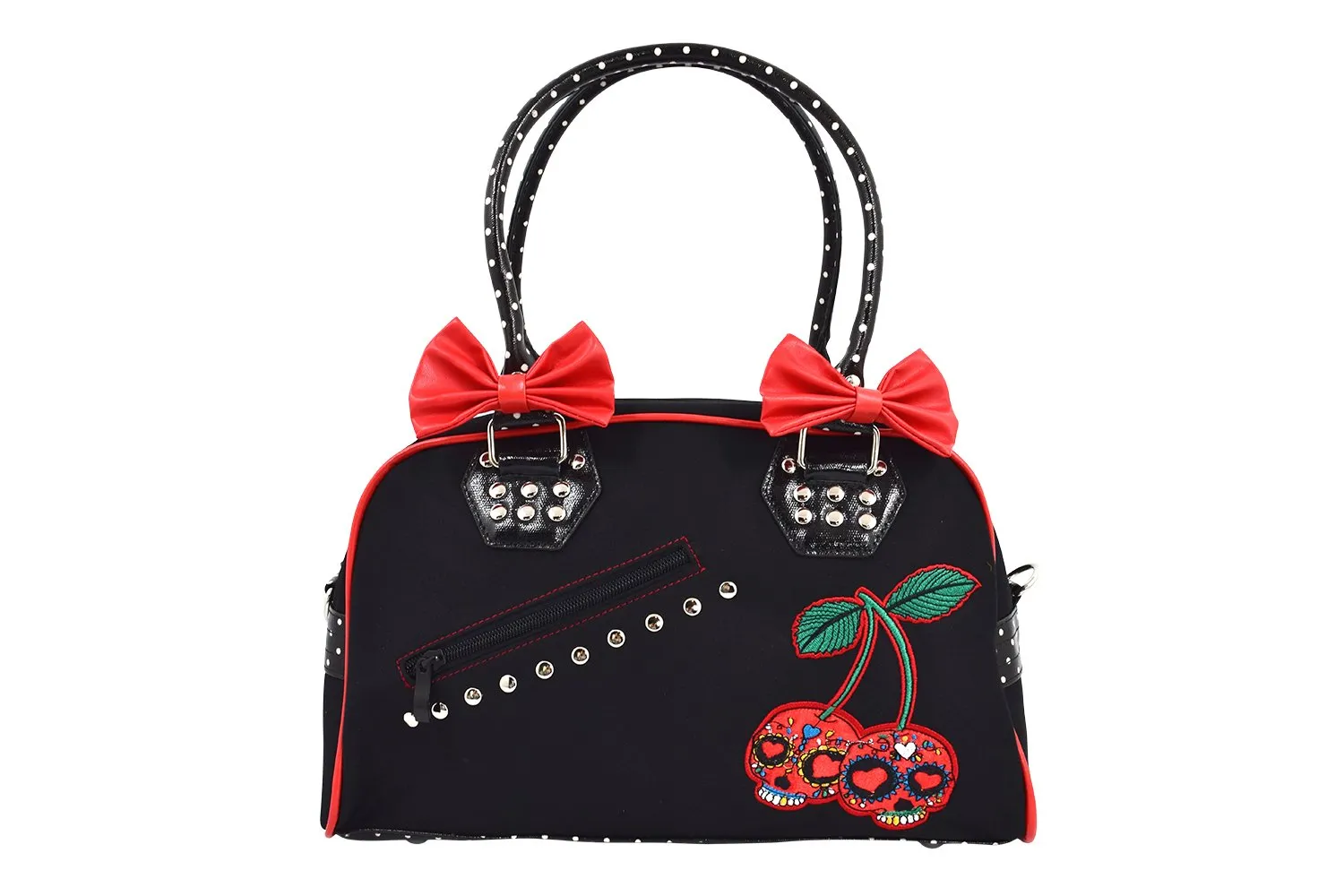Lost Queen Cherry Bomb Cherry Skulls Polka Dot Bow Handbag Rockabilly Black Red