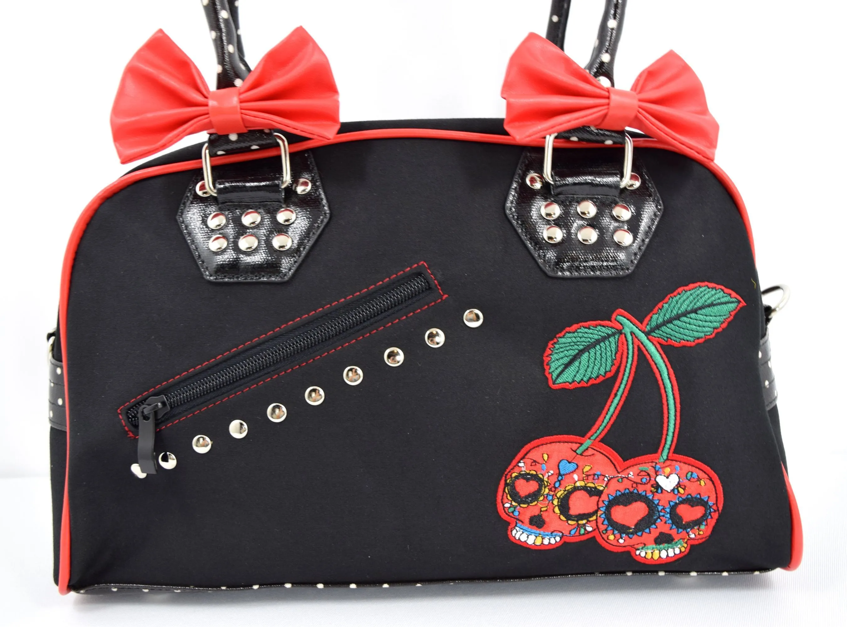 Lost Queen Cherry Bomb Cherry Skulls Polka Dot Bow Handbag Rockabilly Black Red