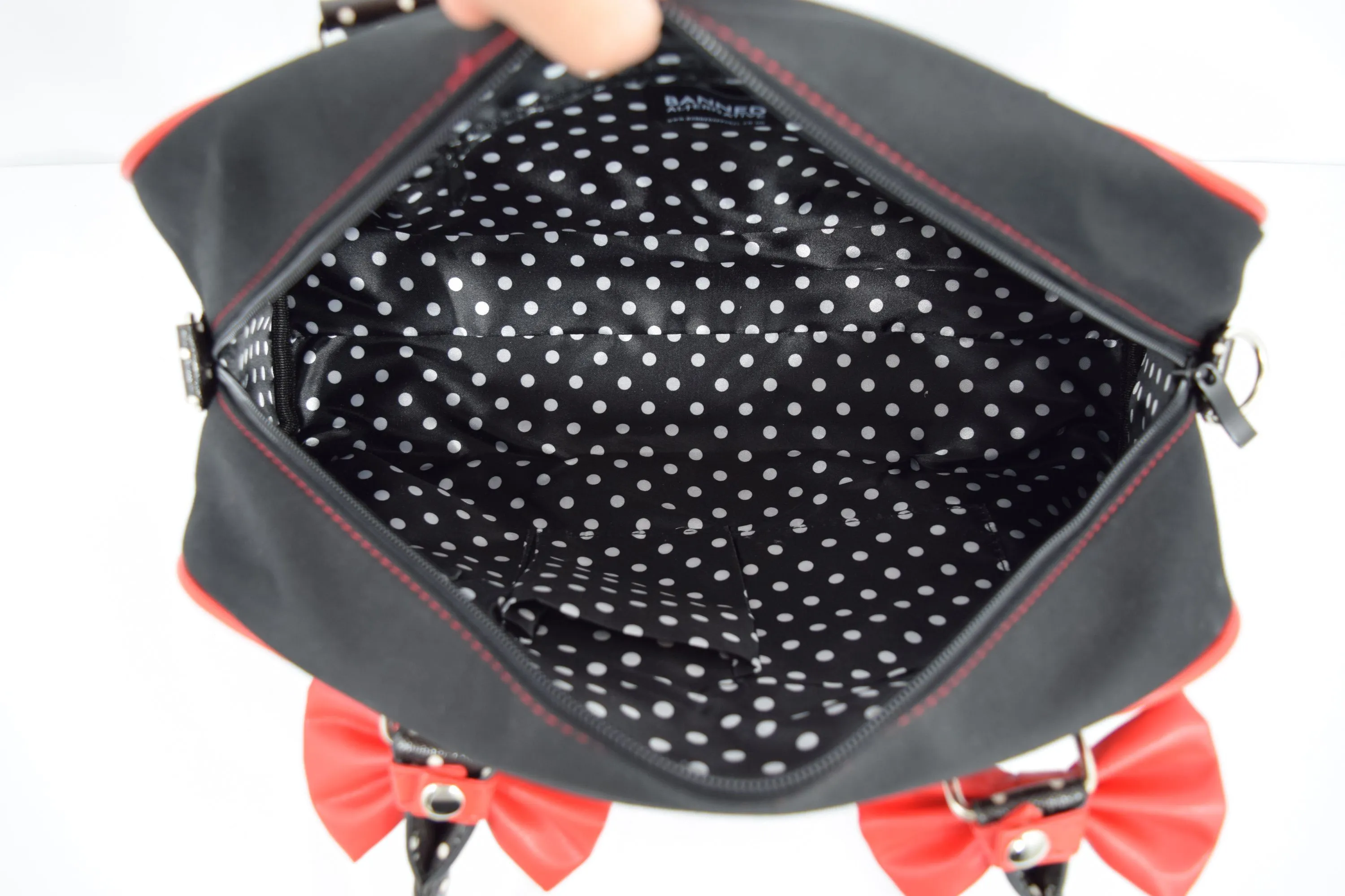 Lost Queen Cherry Bomb Cherry Skulls Polka Dot Bow Handbag Rockabilly Black Red
