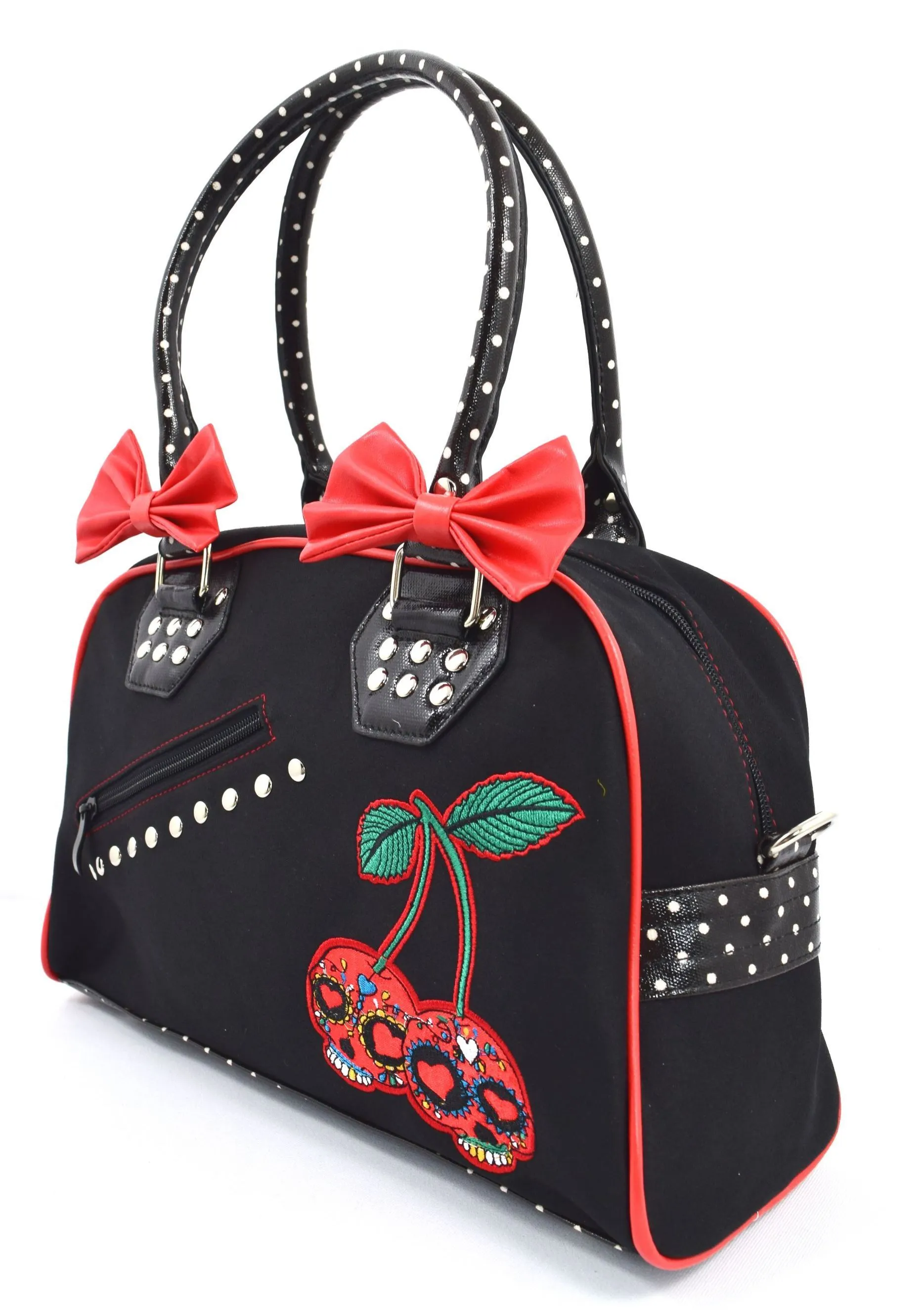 Lost Queen Cherry Bomb Cherry Skulls Polka Dot Bow Handbag Rockabilly Black Red