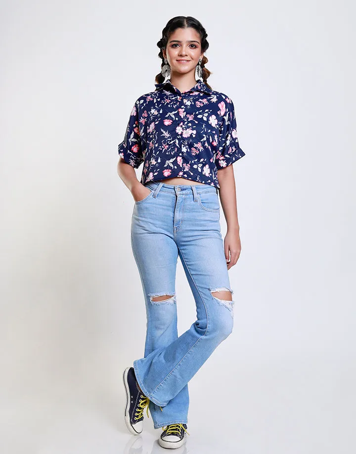 Printed Crop Top with Curved Hem