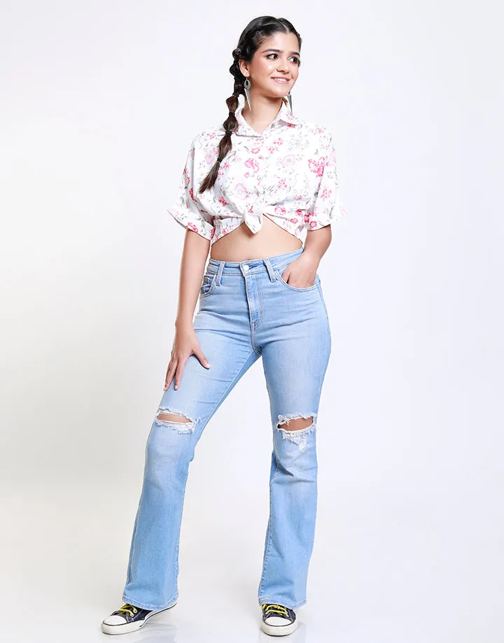 Printed Crop Top with Curved Hem