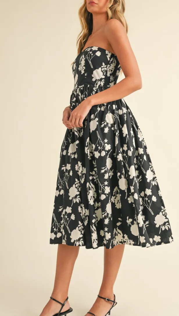 Strapless Floral Printed A-Line Flared Mini Dress