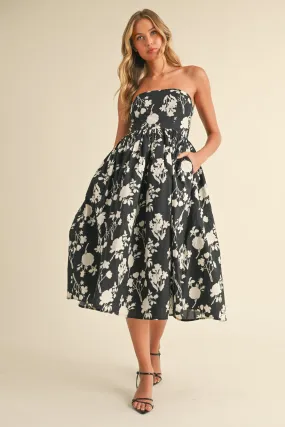 Strapless Floral Printed A-Line Flared Mini Dress