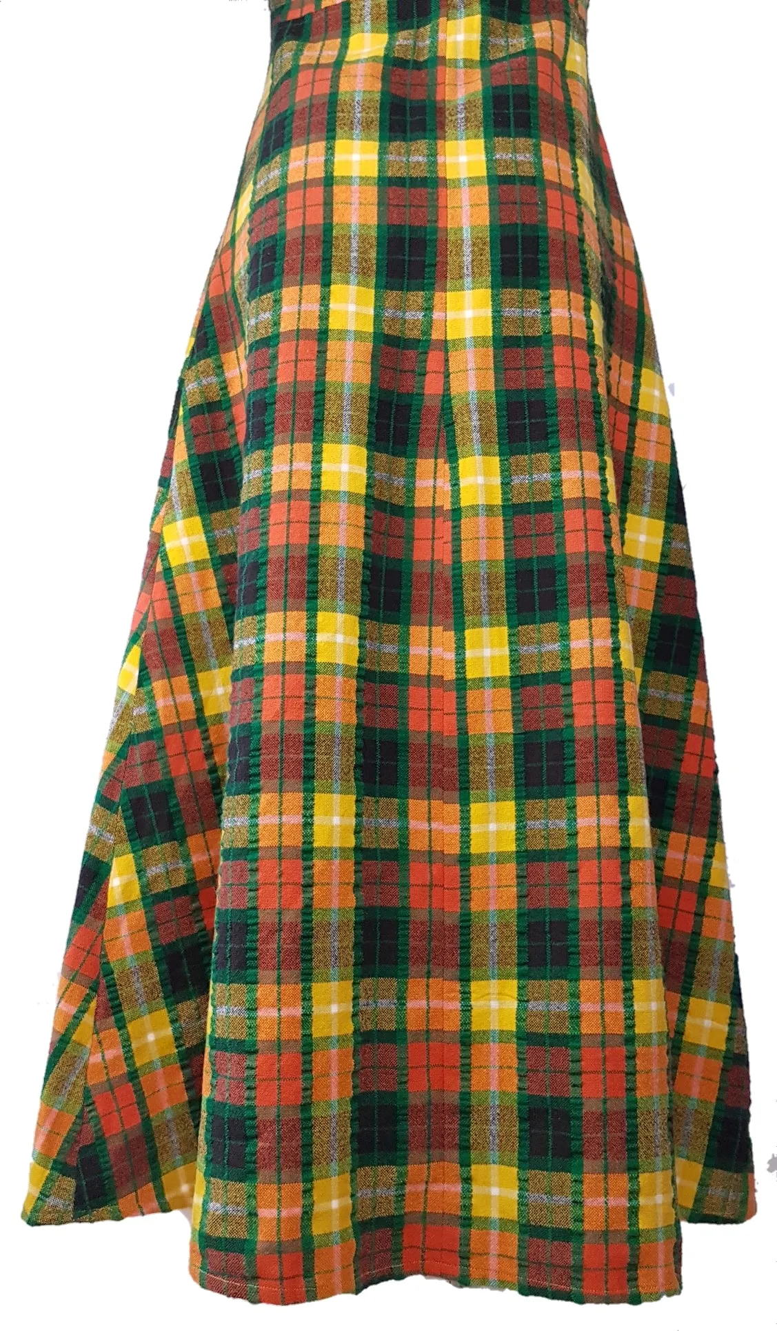 Vintage 70's | Green Orange Yellow  | Tartan Plaid Pinafore A-Line Maxi  Dress