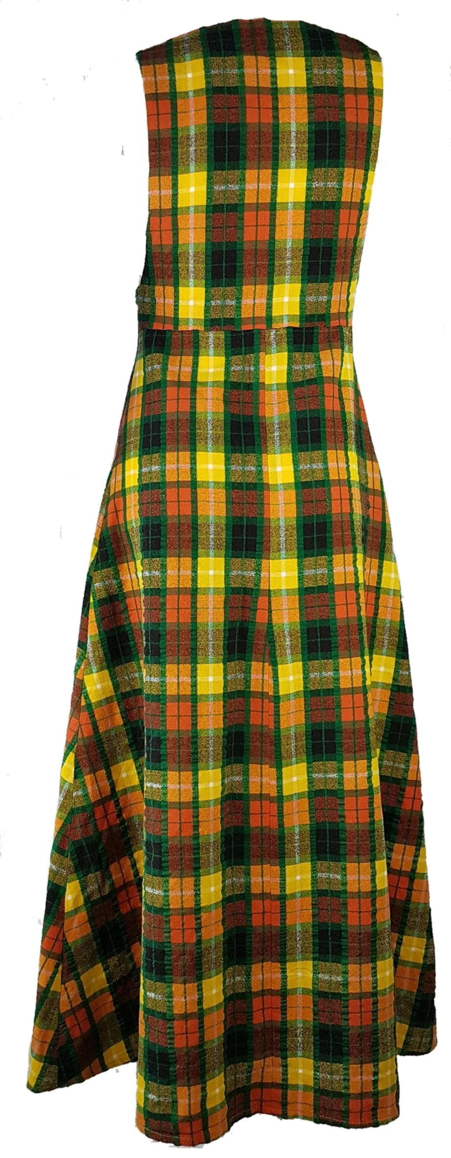 Vintage 70's | Green Orange Yellow  | Tartan Plaid Pinafore A-Line Maxi  Dress