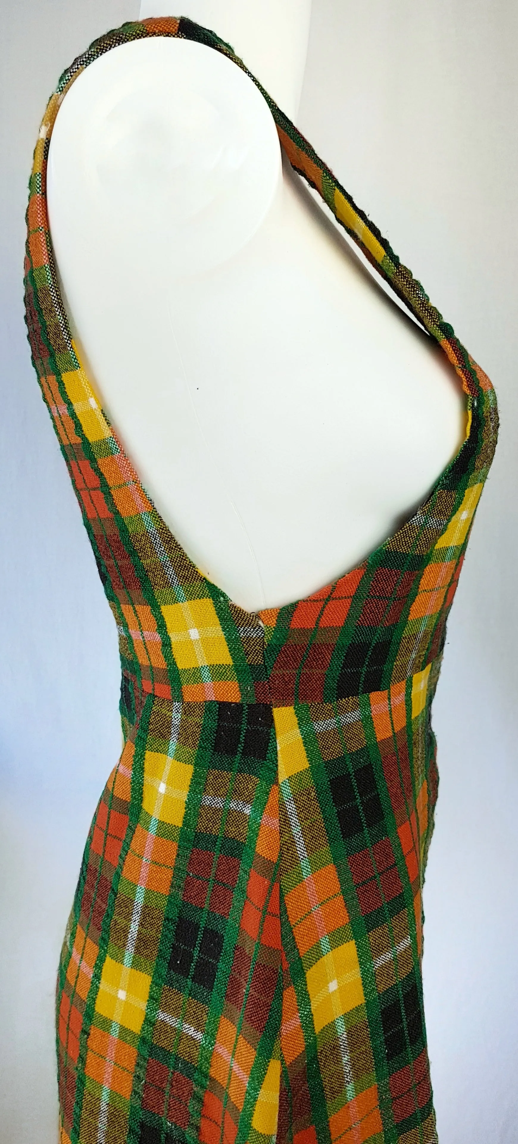 Vintage 70's | Green Orange Yellow  | Tartan Plaid Pinafore A-Line Maxi  Dress