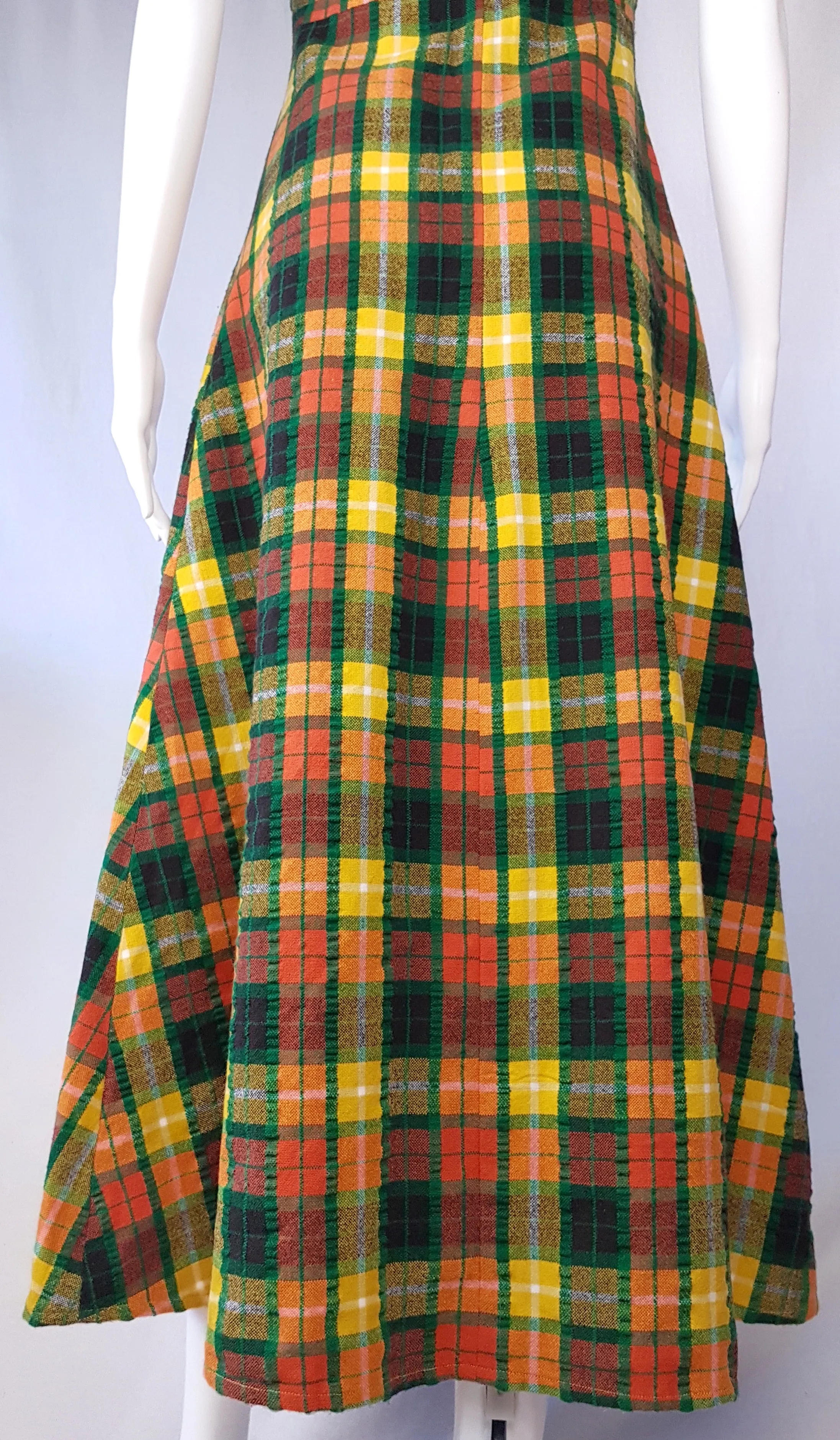 Vintage 70's | Green Orange Yellow  | Tartan Plaid Pinafore A-Line Maxi  Dress