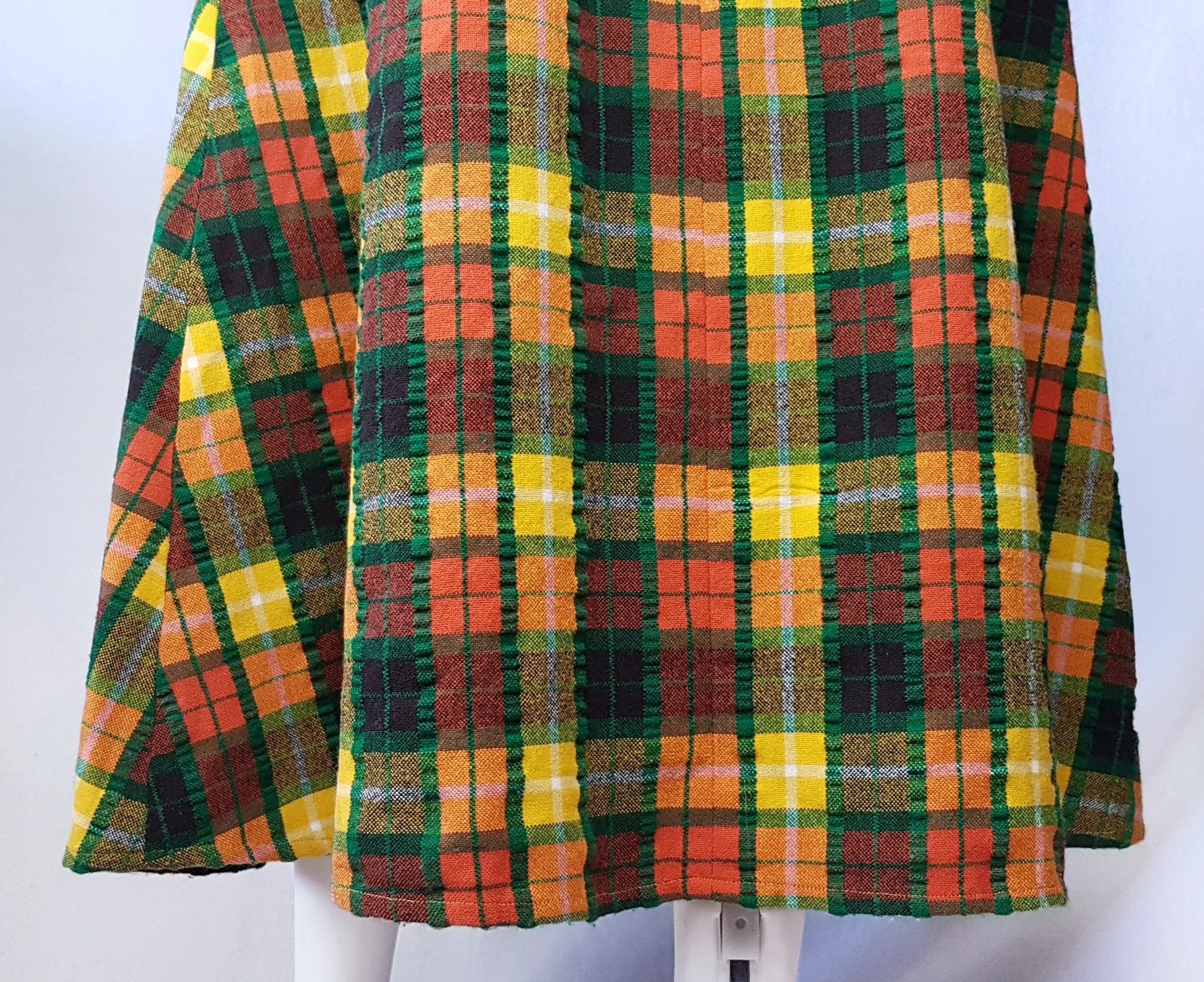 Vintage 70's | Green Orange Yellow  | Tartan Plaid Pinafore A-Line Maxi  Dress