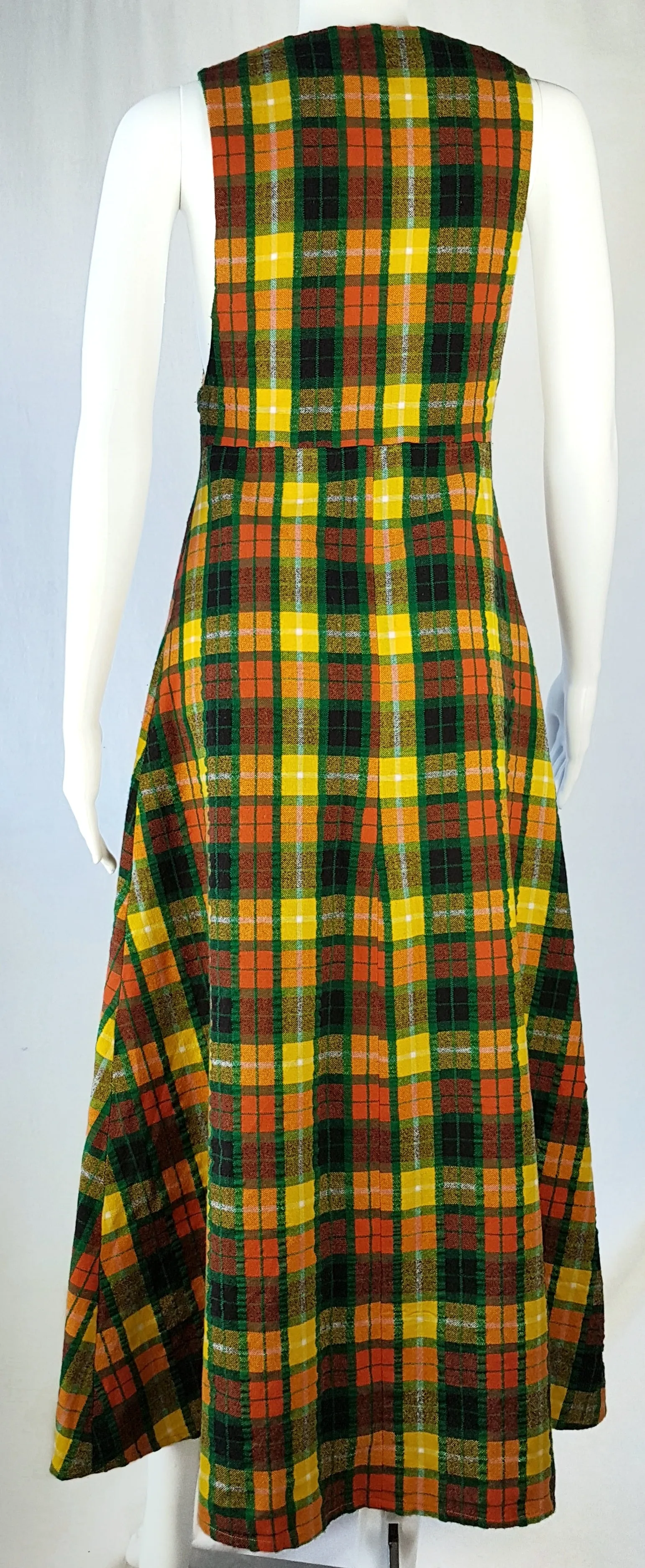 Vintage 70's | Green Orange Yellow  | Tartan Plaid Pinafore A-Line Maxi  Dress