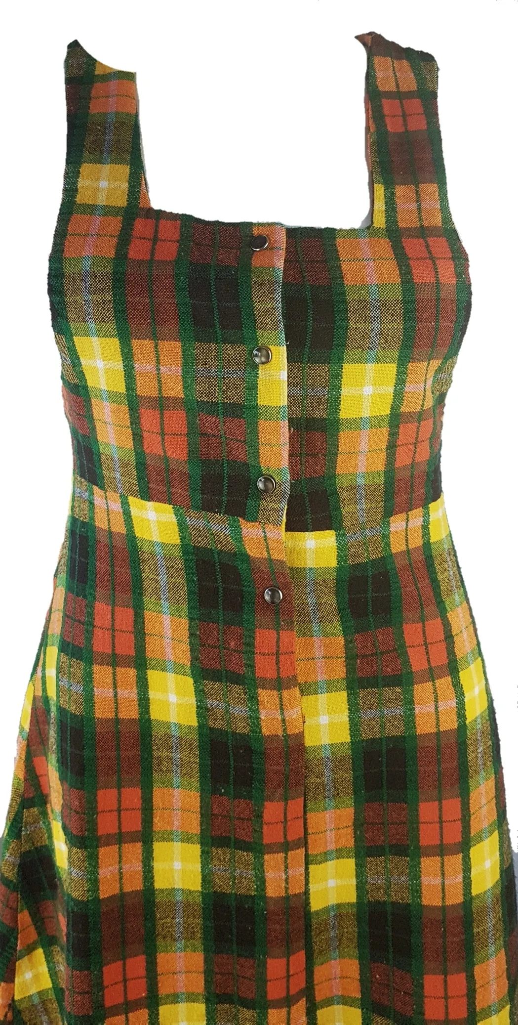 Vintage 70's | Green Orange Yellow  | Tartan Plaid Pinafore A-Line Maxi  Dress