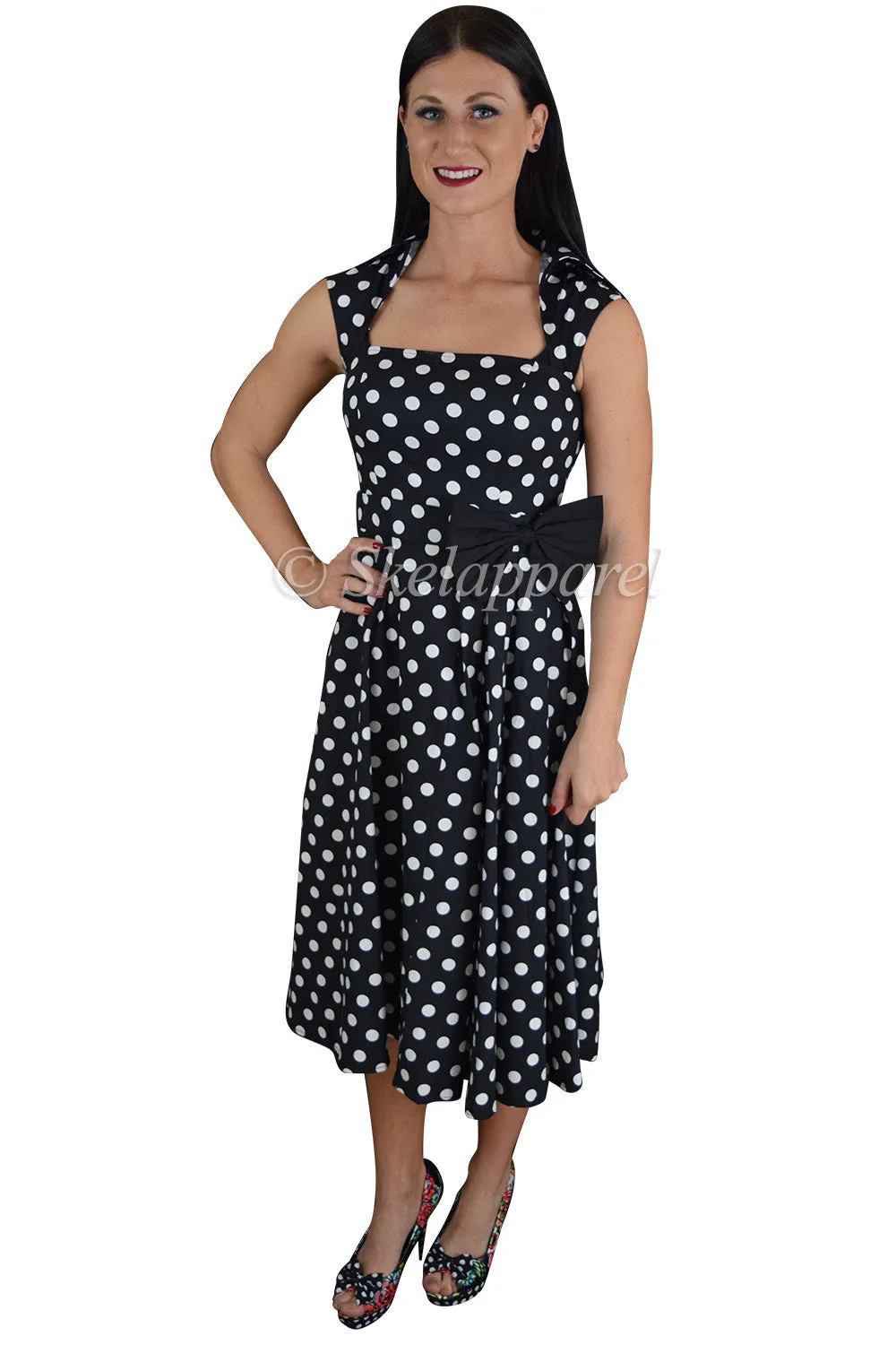 Vintage Inspired black white Polka Dot print Swing Dress