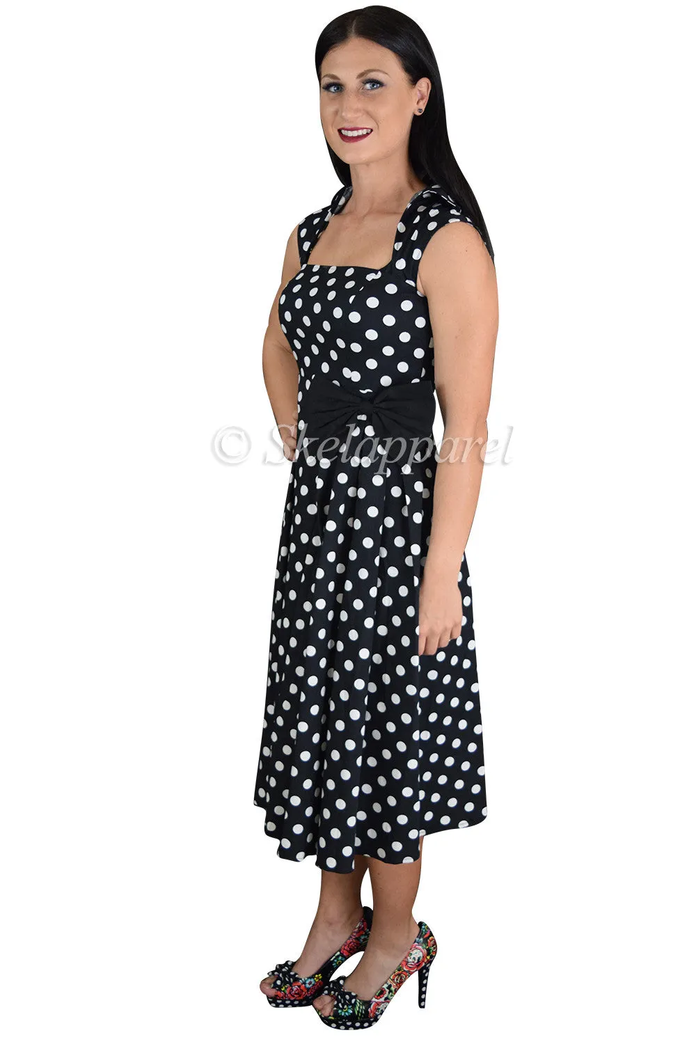 Vintage Inspired black white Polka Dot print Swing Dress