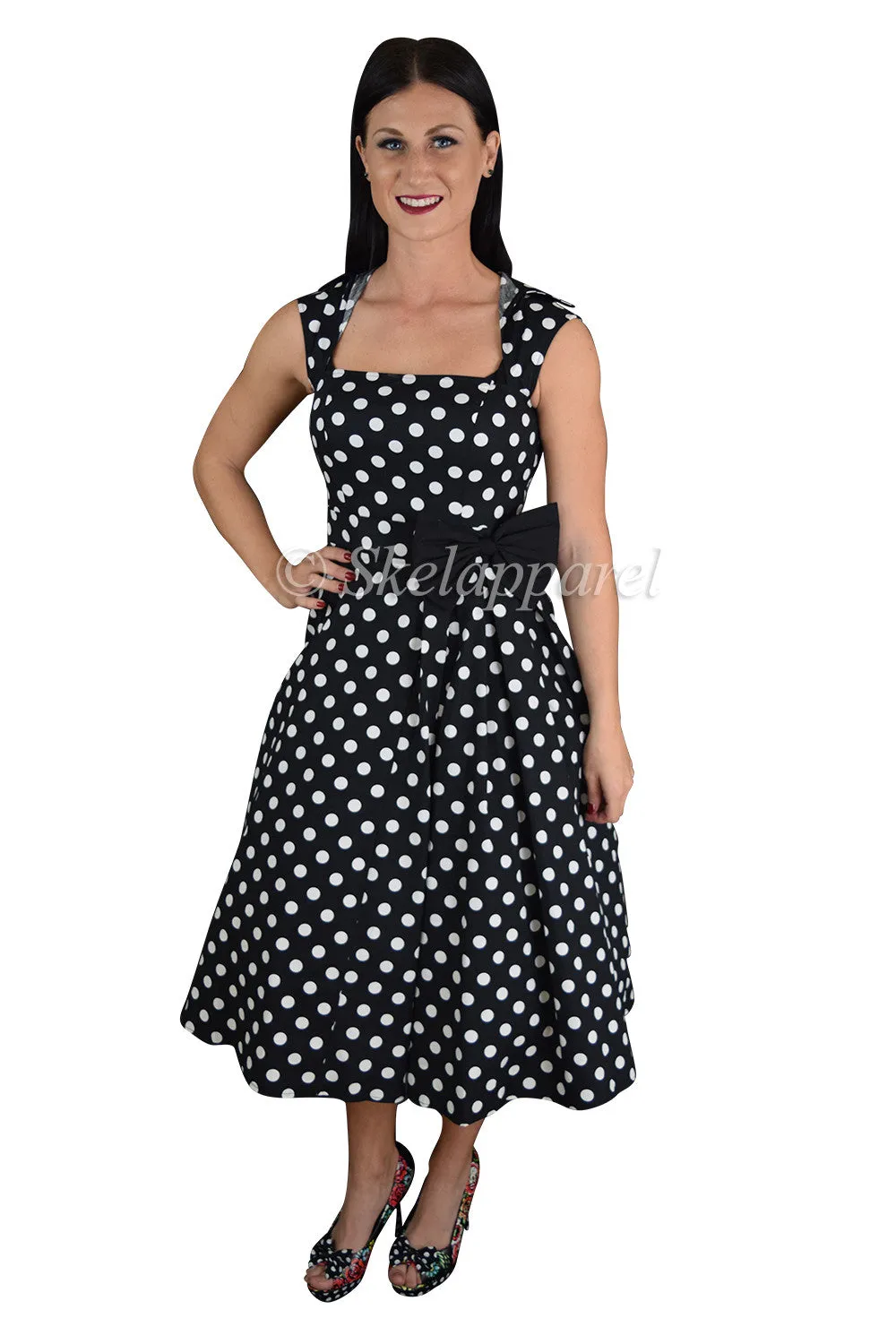 Vintage Inspired black white Polka Dot print Swing Dress