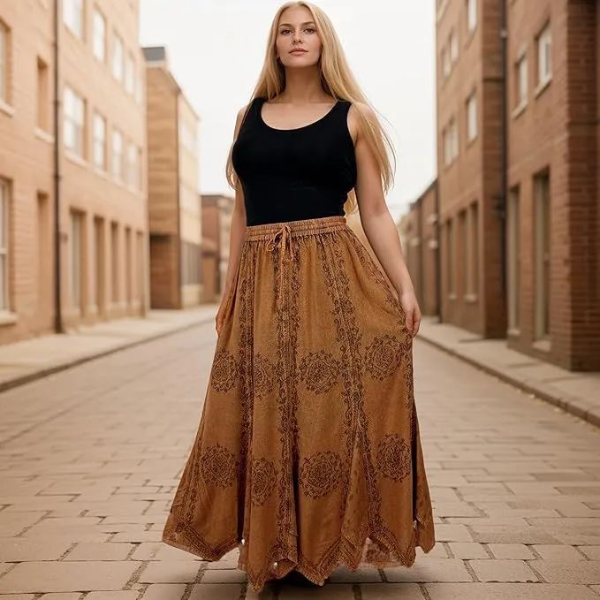 Women's Boho 715 SKT Medieval Flared Hem A Line Embroidered Long Maxi Skirt