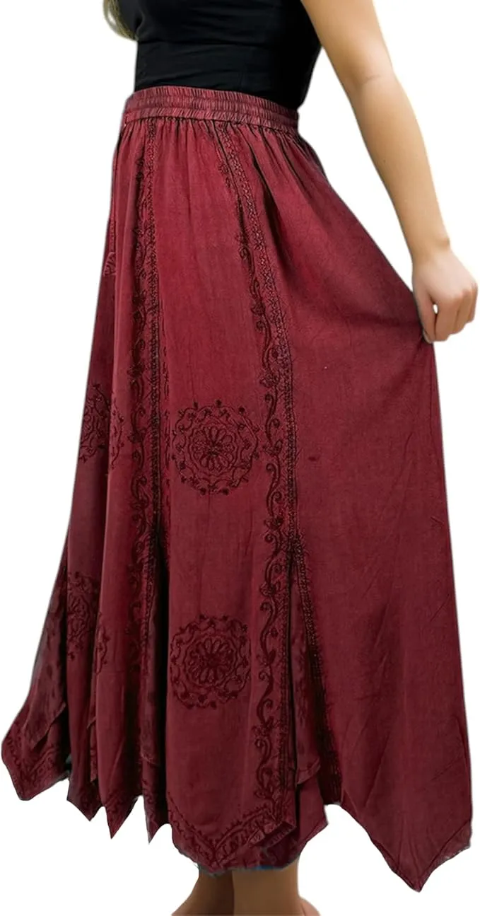 Women's Boho 715 SKT Medieval Flared Hem A Line Embroidered Long Maxi Skirt