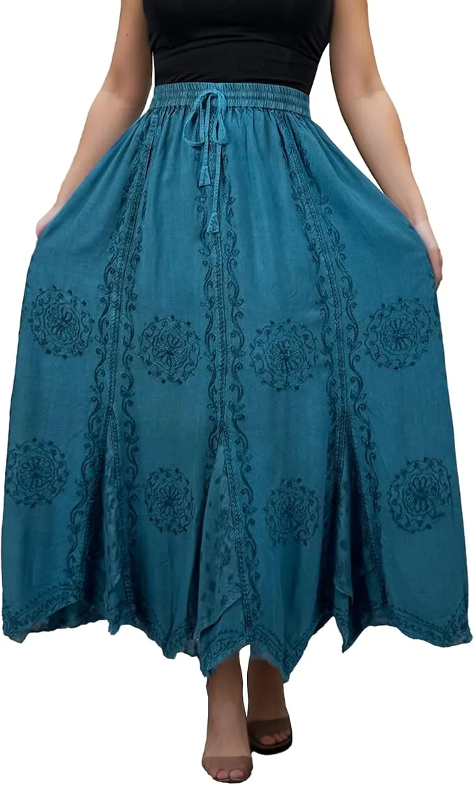 Women's Boho 715 SKT Medieval Flared Hem A Line Embroidered Long Maxi Skirt