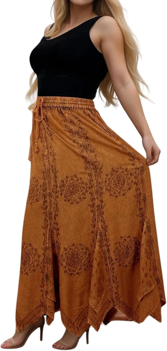 Women's Boho 715 SKT Medieval Flared Hem A Line Embroidered Long Maxi Skirt