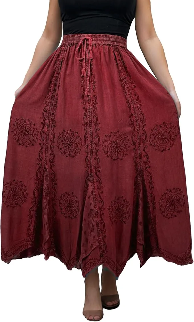 Women's Boho 715 SKT Medieval Flared Hem A Line Embroidered Long Maxi Skirt