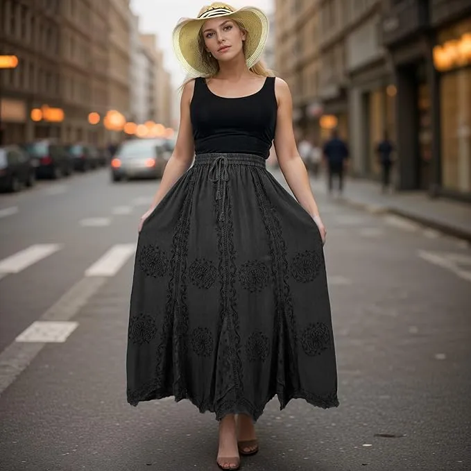 Women's Boho 715 SKT Medieval Flared Hem A Line Embroidered Long Maxi Skirt