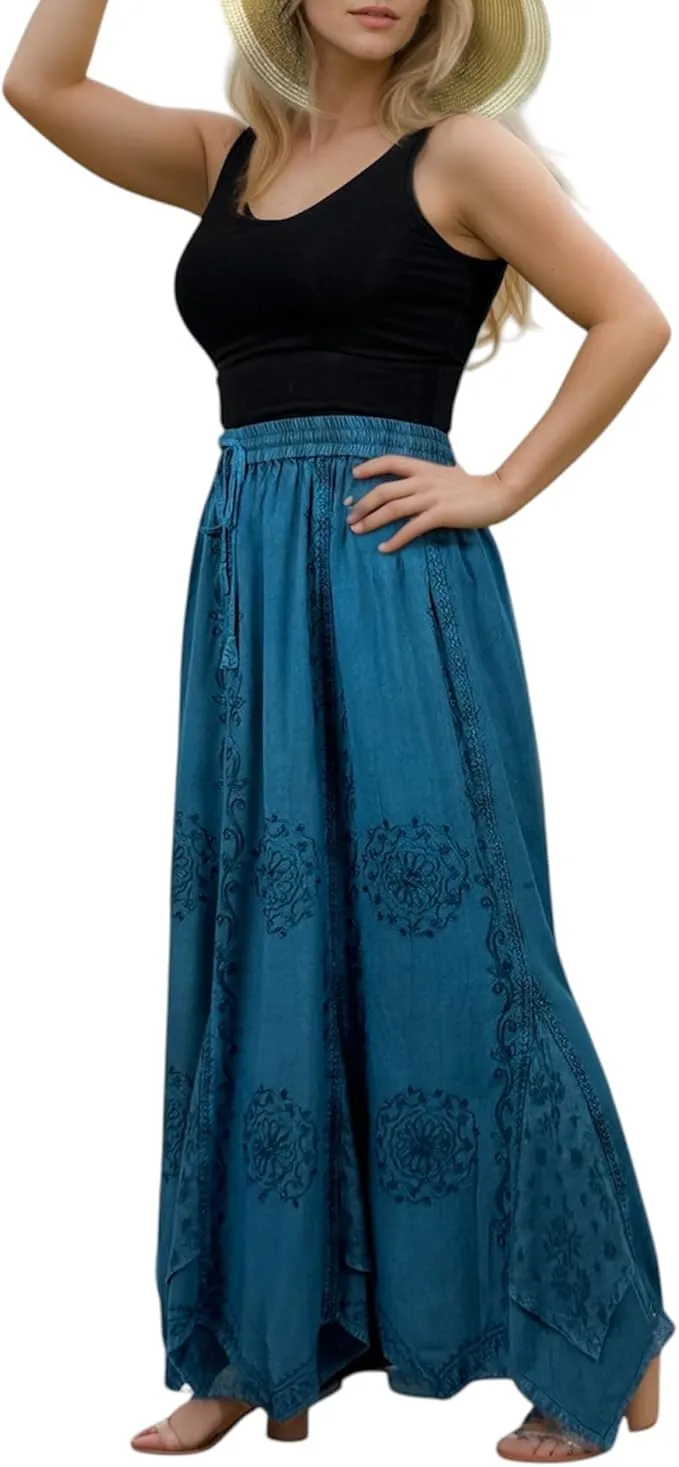 Women's Boho 715 SKT Medieval Flared Hem A Line Embroidered Long Maxi Skirt