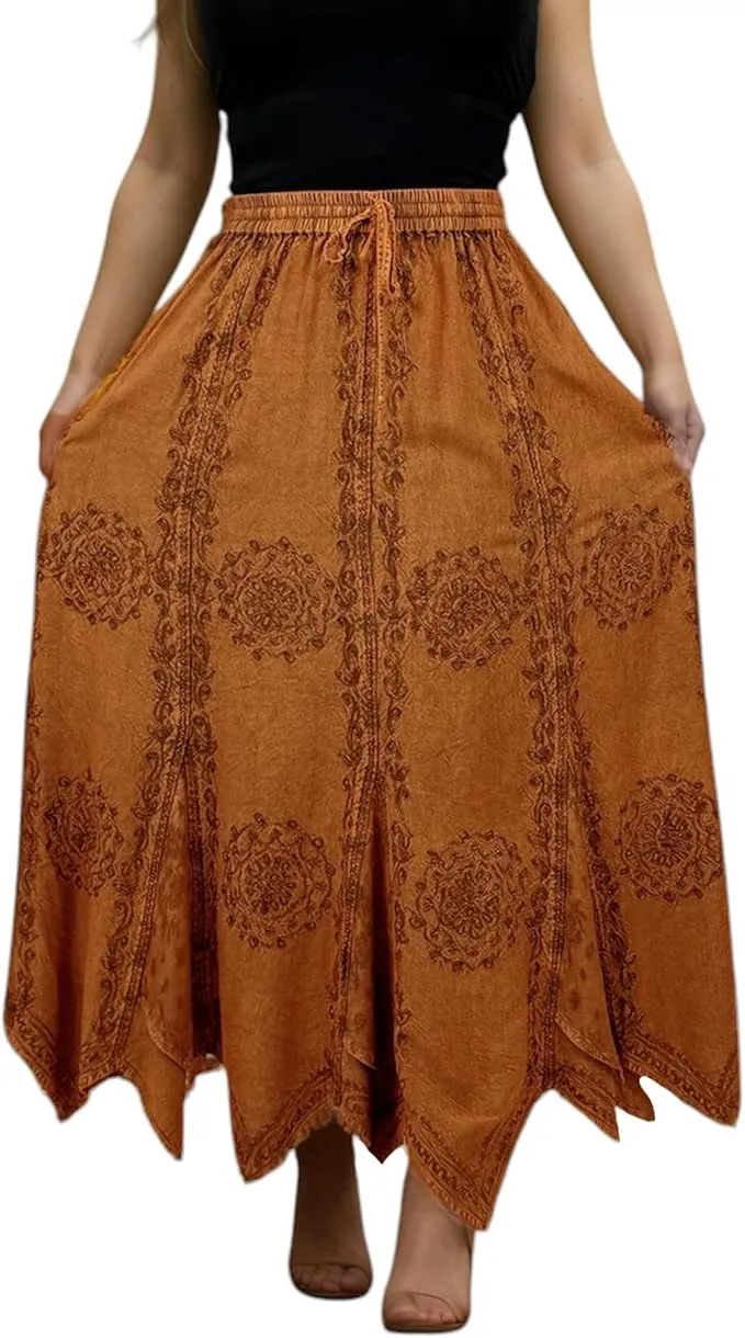 Women's Boho 715 SKT Medieval Flared Hem A Line Embroidered Long Maxi Skirt