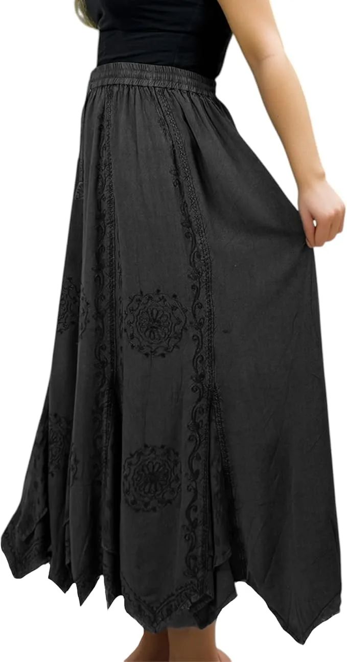 Women's Boho 715 SKT Medieval Flared Hem A Line Embroidered Long Maxi Skirt